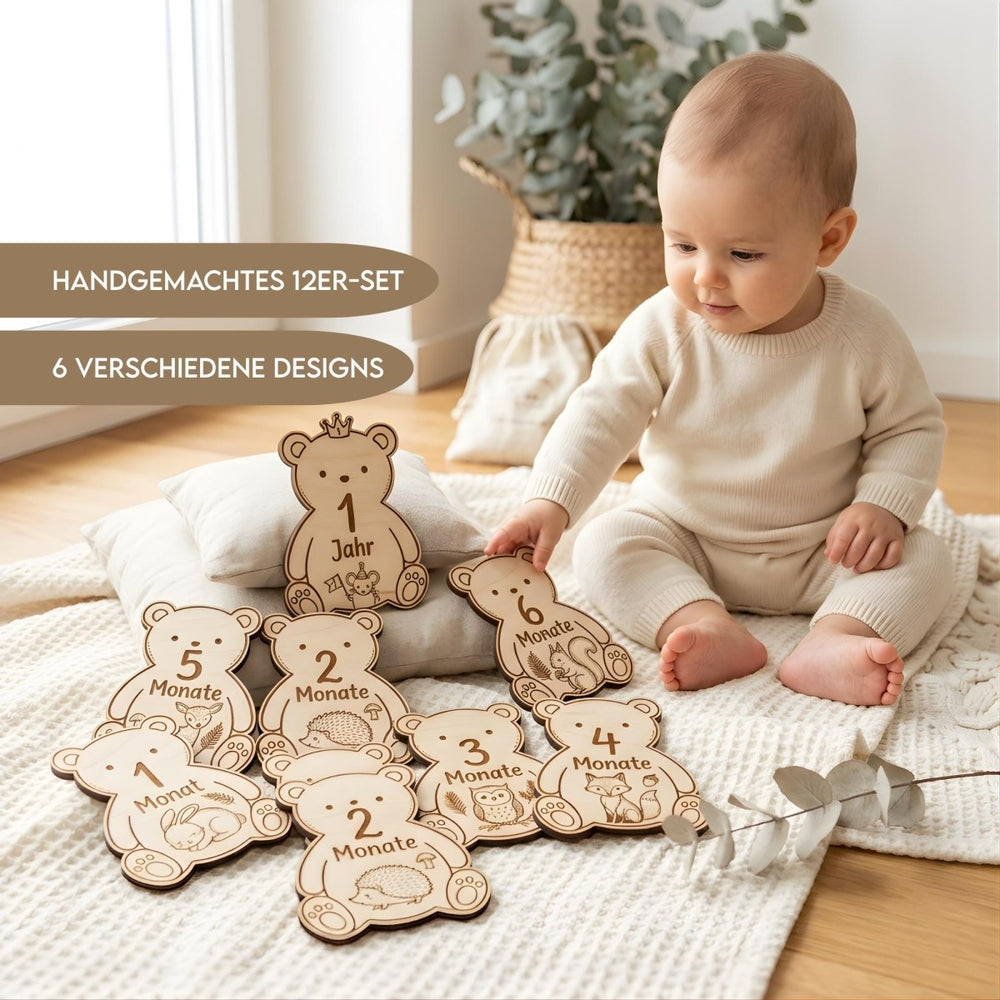 Baby Meilensteine aus Holz, personalisiert, Waldtiere und Bär
