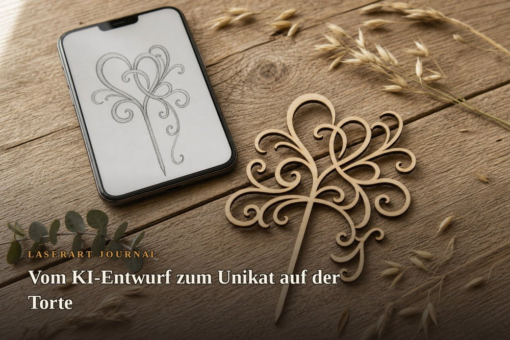 Cake Topper mit eigenem KI-Design: verschlungenes Herz-Motiv aus Holz neben Smartphone-Skizze - LaserArt Germany