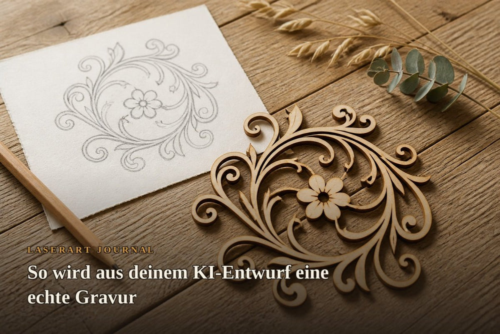 Vom KI-Entwurf zur echten Lasergravur: Skizze und fertiges Holz-Motiv - LaserArt Germany