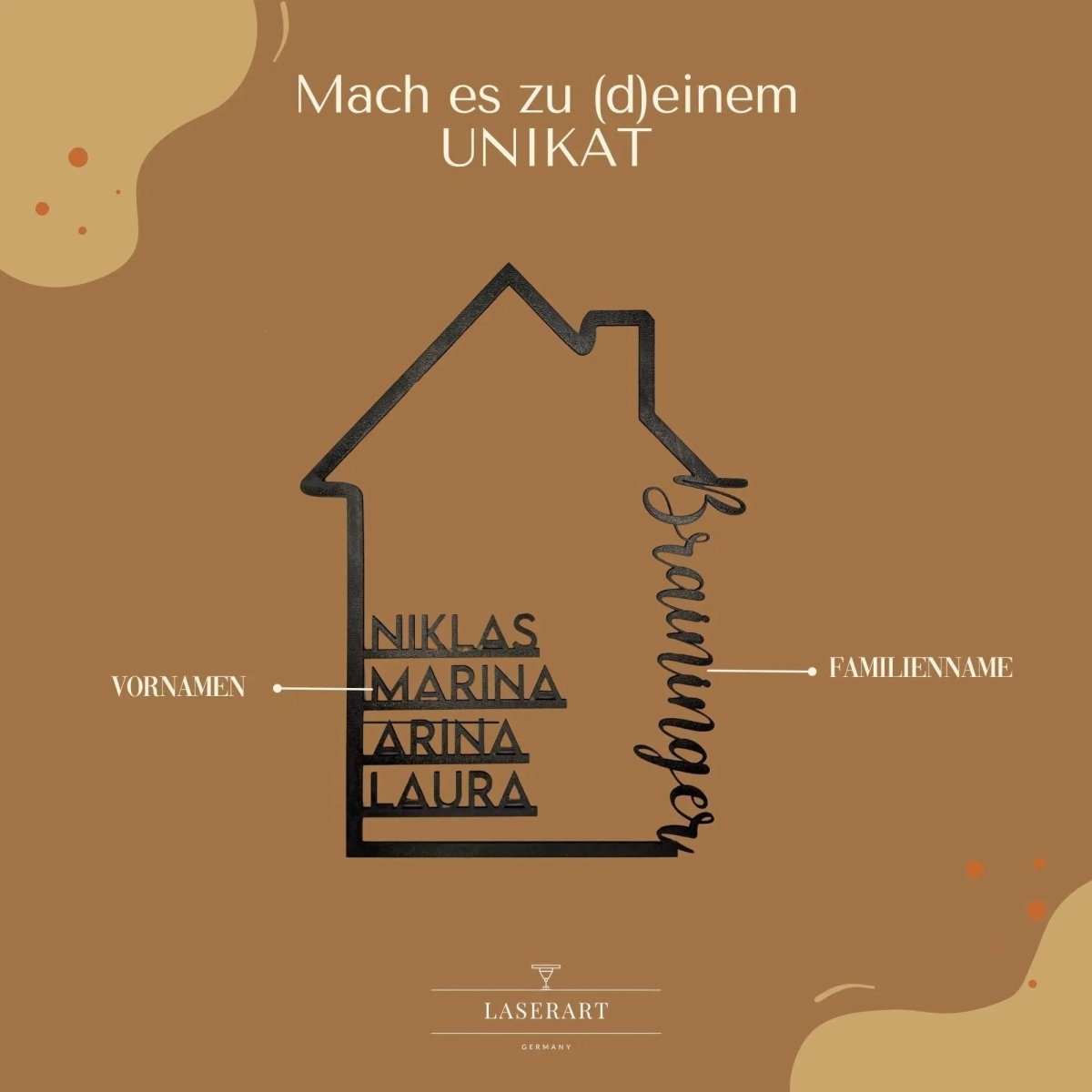 Familienschild | Holzschild Haus mit Namen personalisiert | Familienhaus aus Holz - LaserArt Germany