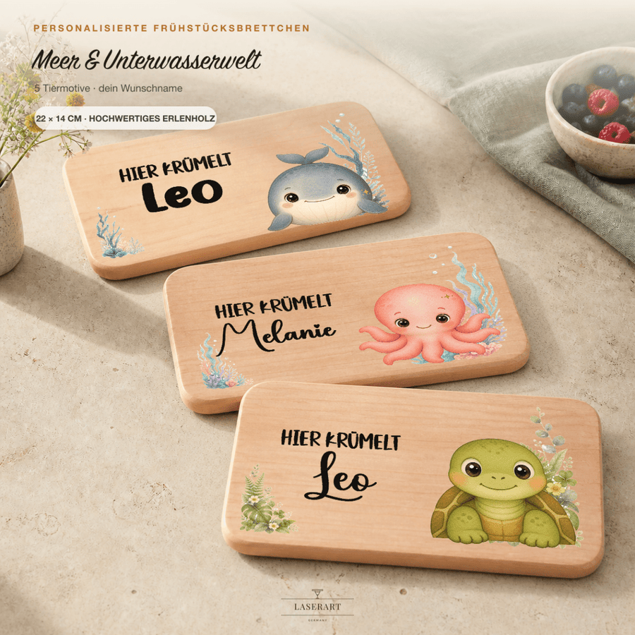 Personalisiertes Frühstücksbrettchen Meer & Unterwasserwelt aus Erlenholz, Name graviert