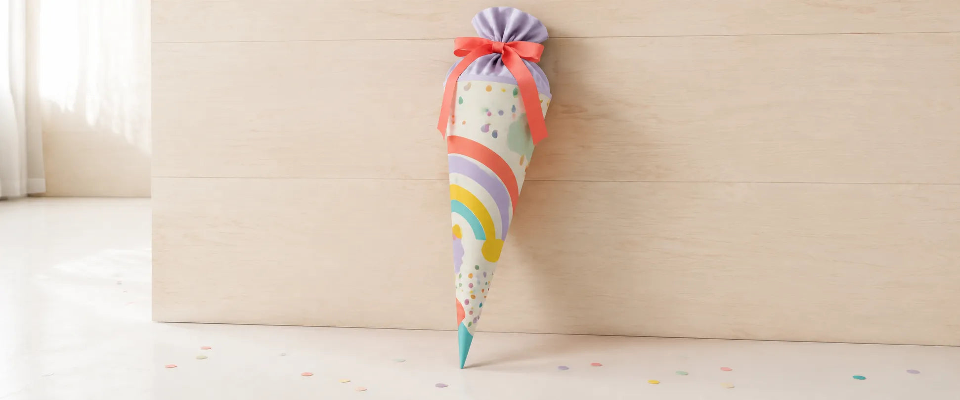 Bunte Schultüte lehnt an einer hellen Wand, auf dem Boden liegt Konfetti
