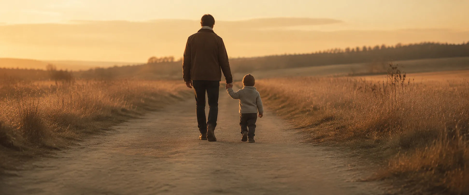 Vater und Kind gehen Hand in Hand über einen Feldweg im goldenen Abendlicht