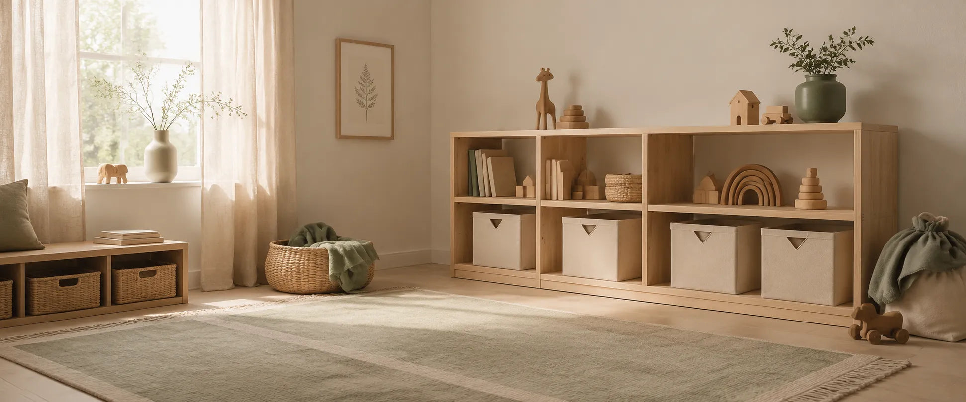 Aufgeräumtes Kinderzimmer mit Holzregal, Körben und Spielzeug in warmem Tageslicht