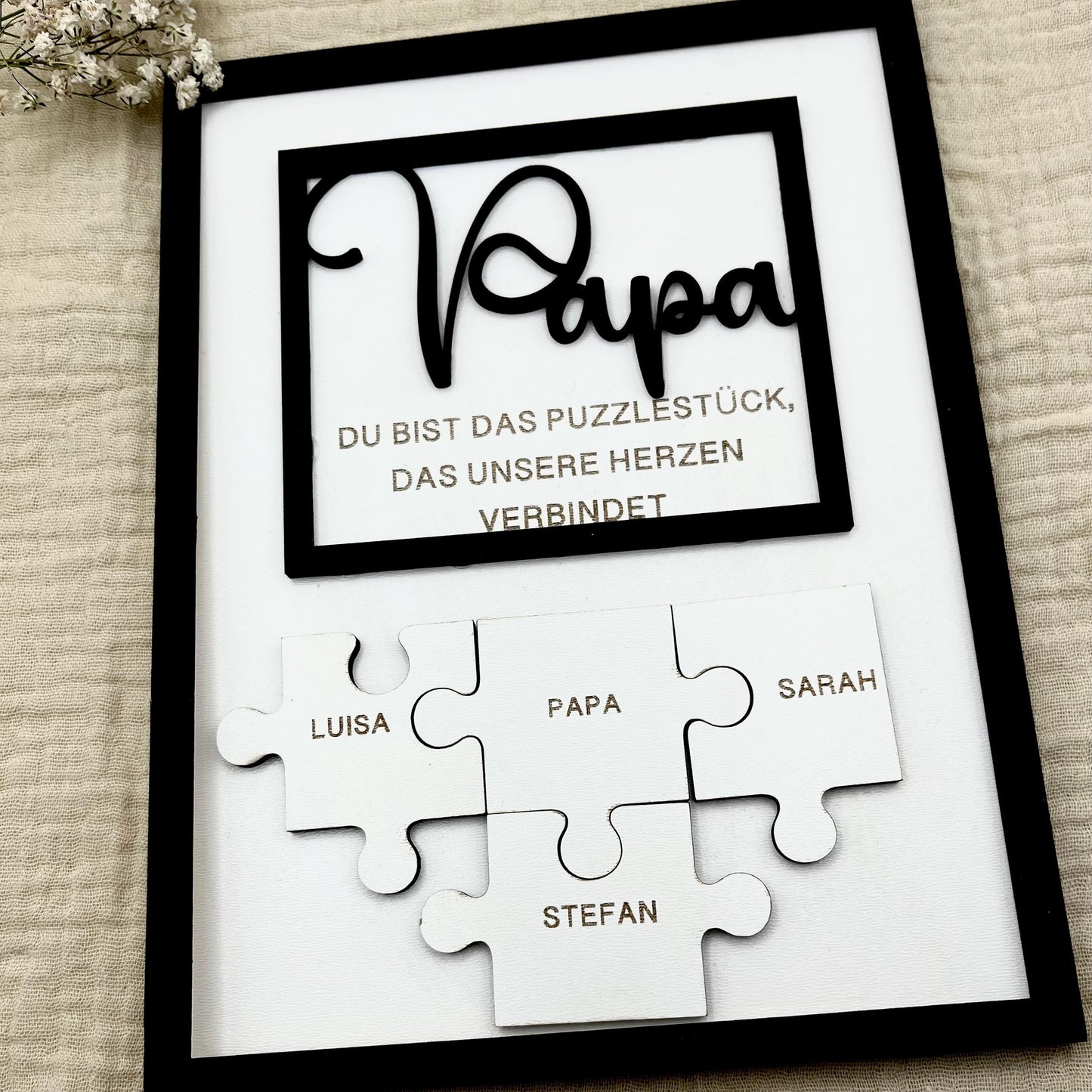 Personalisiertes Puzzle Papa – Vatertag Geschenk mit Namen & 3D-Schriftzug im Holzrahmen