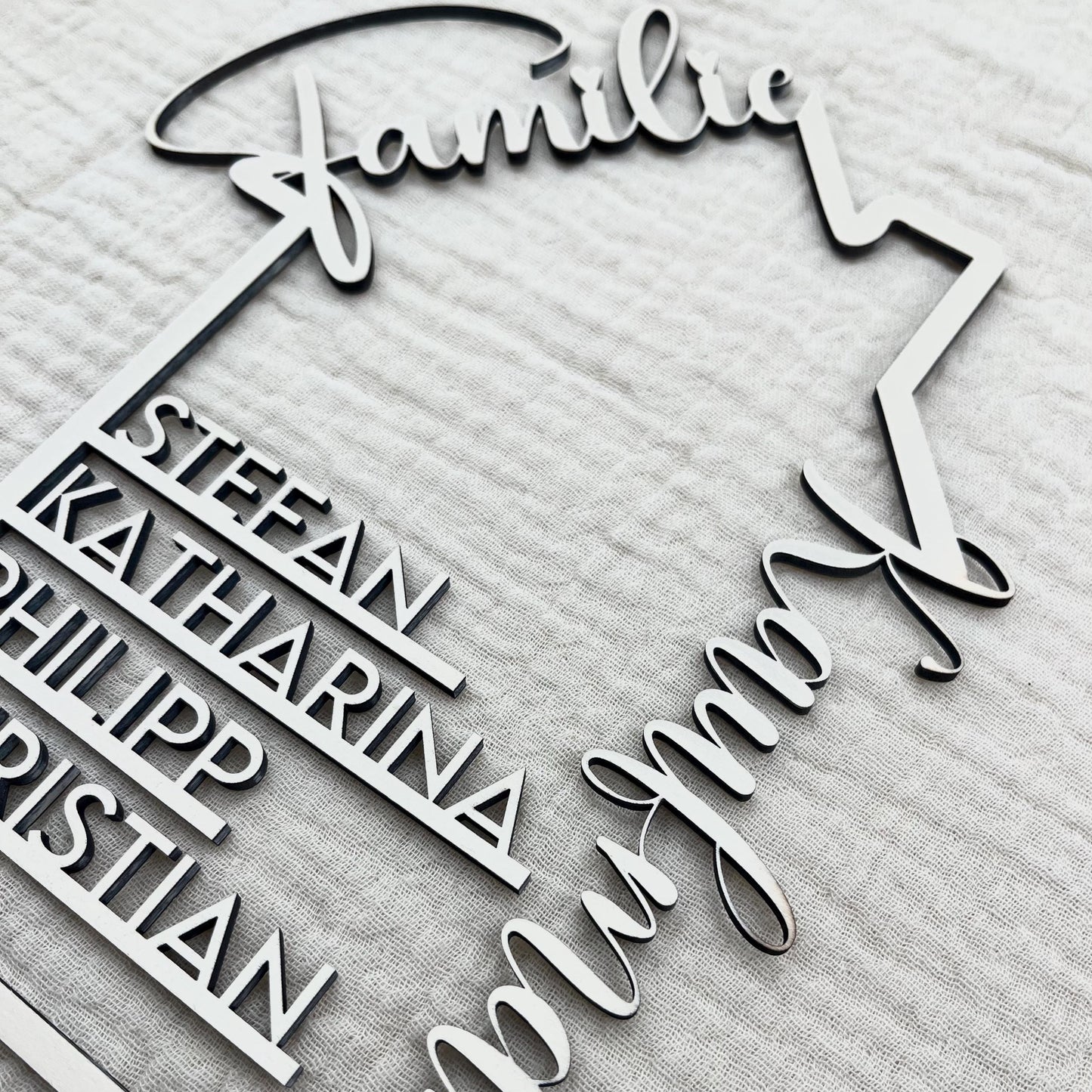 Personalisierbares familienschild in hausform, deko aus holz mit namen, geschenk zum einzug, hausbau, familie