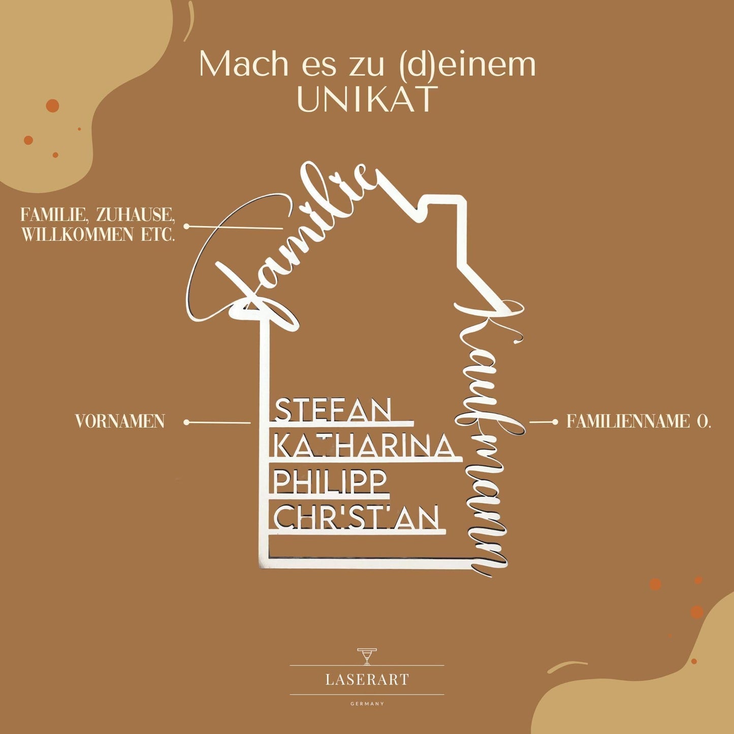 Personalisierbares familienschild in hausform, deko aus holz mit namen, geschenk zum einzug, hausbau, familie