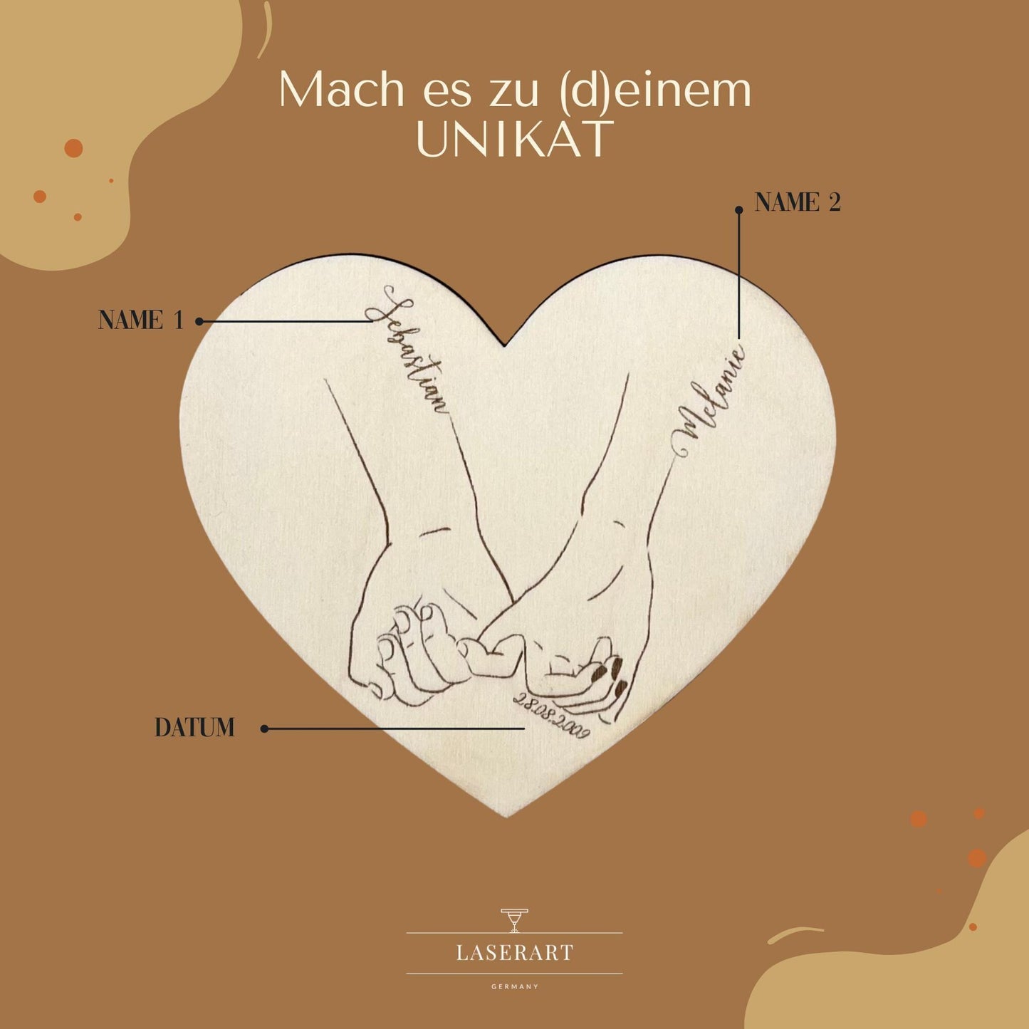 Personalisiertes Geschenk für Paare mit Name Datum, Herzform aus Holz Hand in Hand Geschenk Jahrestage, Hochzeit, Brautpaar, Valentinstag