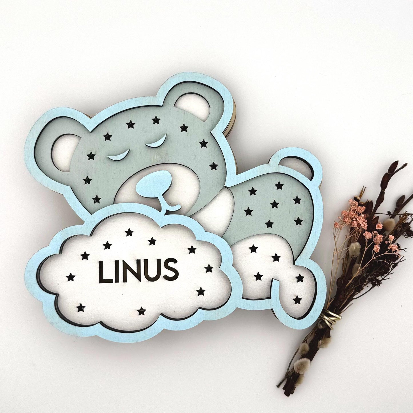 Personalisierbares Schlummerlicht Bär warmweißes Led Licht Geschenk Geburt, Taufe, Schwangerschaft, Kinderzimmer, Mädchen, Junge, Baby