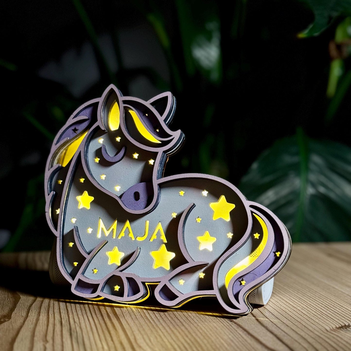 Personalisierbares Schlummerlicht Pferd warmweißes Led Licht Geschenk Geburt, Taufe, Schwangerschaft, Kinderzimmer, Mädchen, Junge, Baby