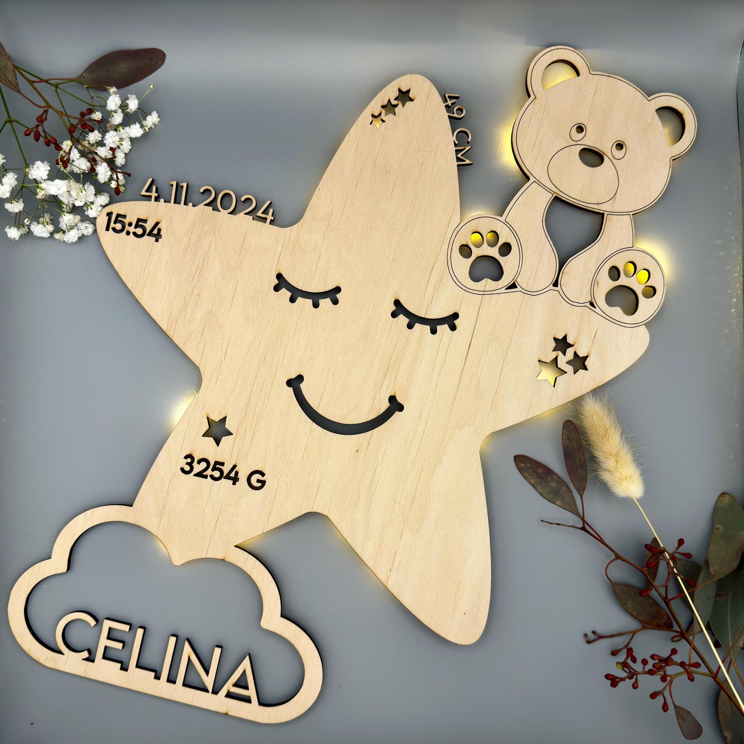 Schlummerlicht personalisiert Stern, Nachtlicht Holz mit Namen, Baby Nachtlampe, Geschenk Gburt & Taufe Junge und Mädchen, Neugeborenes