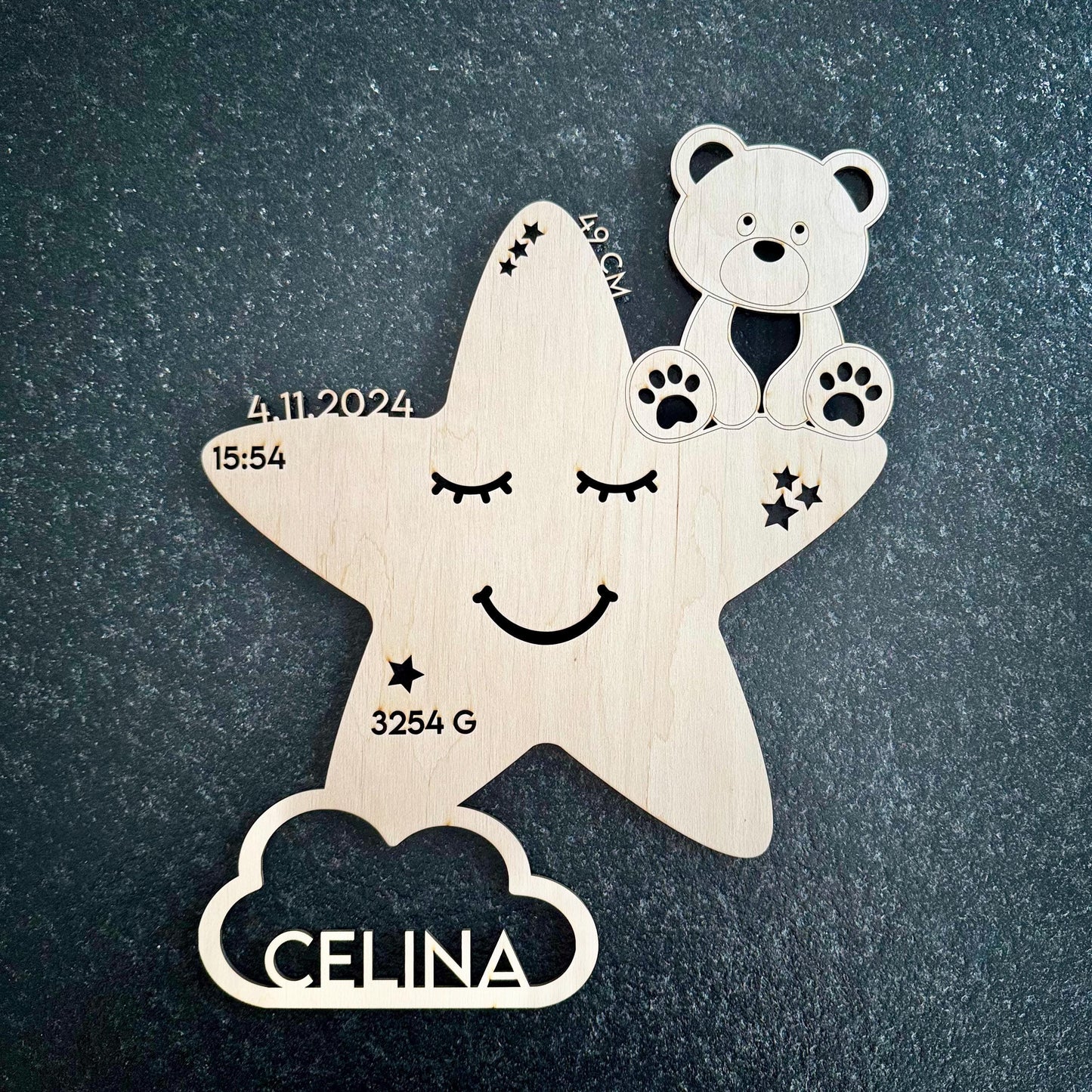 Schlummerlicht personalisiert Stern, Nachtlicht Holz mit Namen, Baby Nachtlampe, Geschenk Gburt & Taufe Junge und Mädchen, Neugeborenes