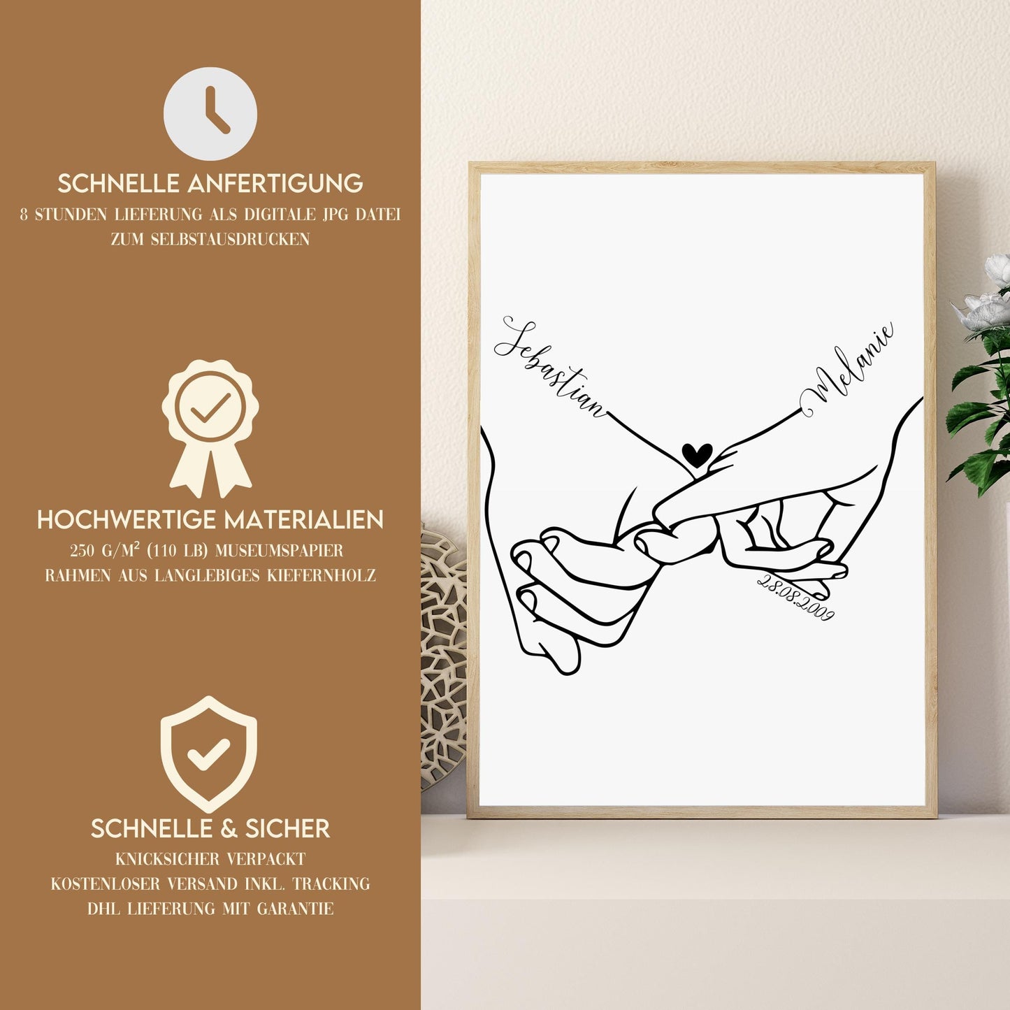Personalisiertes Poster, Hochzeitsgeschenk Namen Datum, Hochzeitsbild Hand in Hand Brautpaar, Jahrestag Valentinstag Hochzeitstag Paare