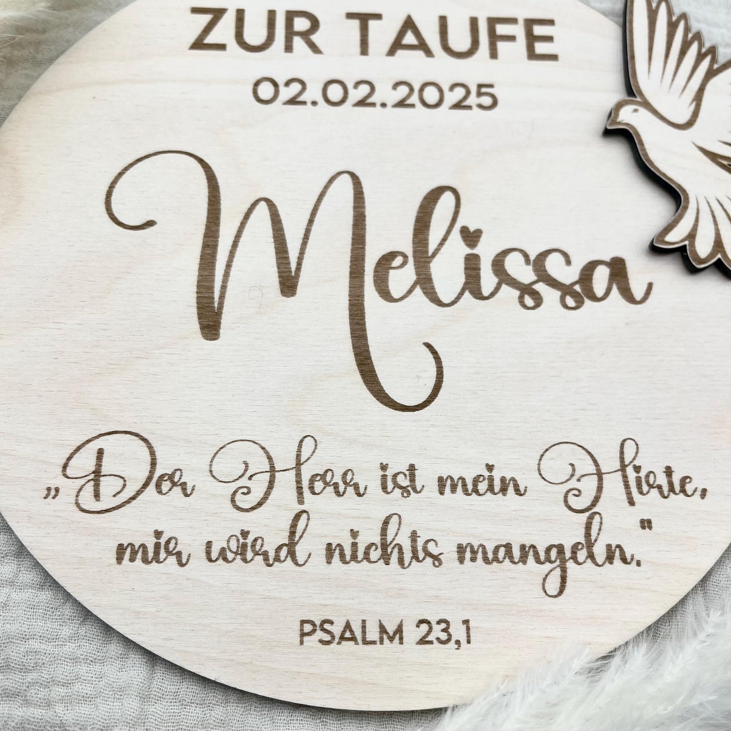 Personalisiertes Taufschild mit Name, Taufdatum Taufspruch, individuelles Geschenk zur Taufe, Geburt fßr Junge Mädchen Eltern Taube Taufpate