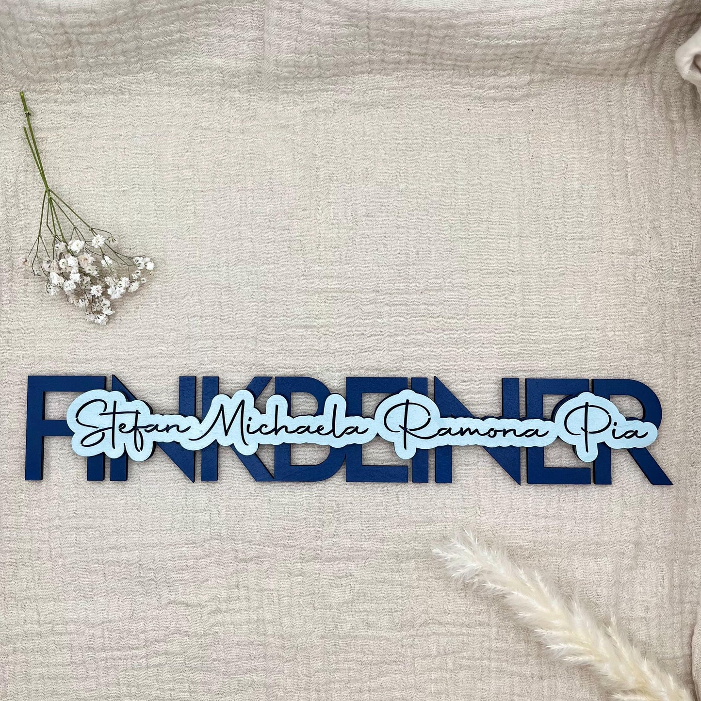 Personalisiertes Familienschild Holz 3D – Familienname & Vornamen | Geschenk Einzug, Hauskauf & Hochzeit