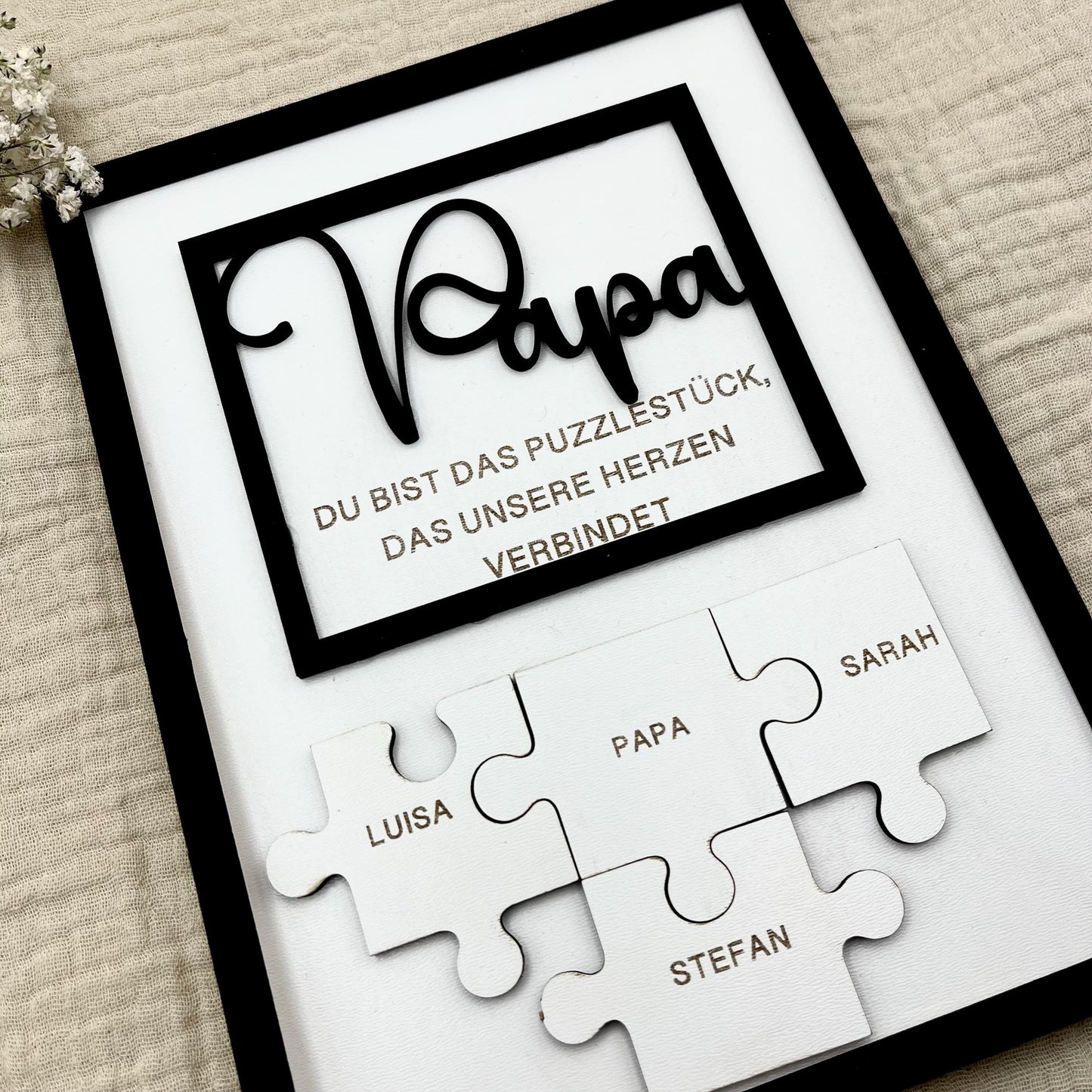 Personalisiertes Puzzle Papa – Vatertag Geschenk mit Namen & 3D-Schriftzug im Holzrahmen