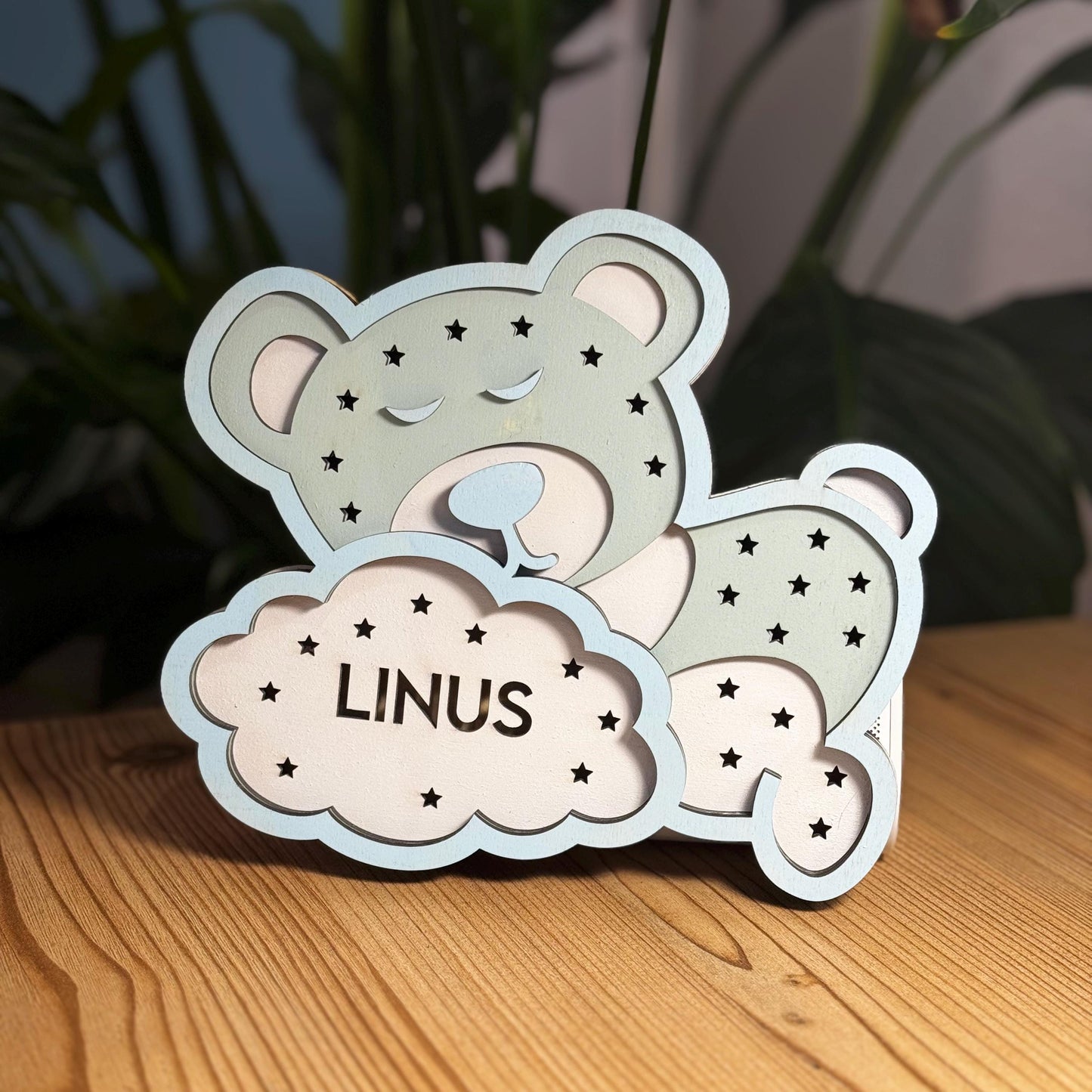 Personalisierbares Schlummerlicht Bär warmweißes Led Licht Geschenk Geburt, Taufe, Schwangerschaft, Kinderzimmer, Mädchen, Junge, Baby