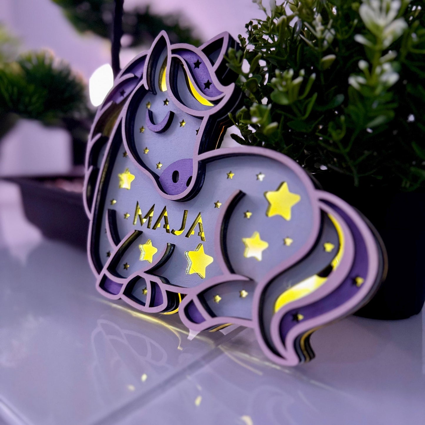 Personalisierbares Schlummerlicht Pferd warmweißes Led Licht Geschenk Geburt, Taufe, Schwangerschaft, Kinderzimmer, Mädchen, Junge, Baby