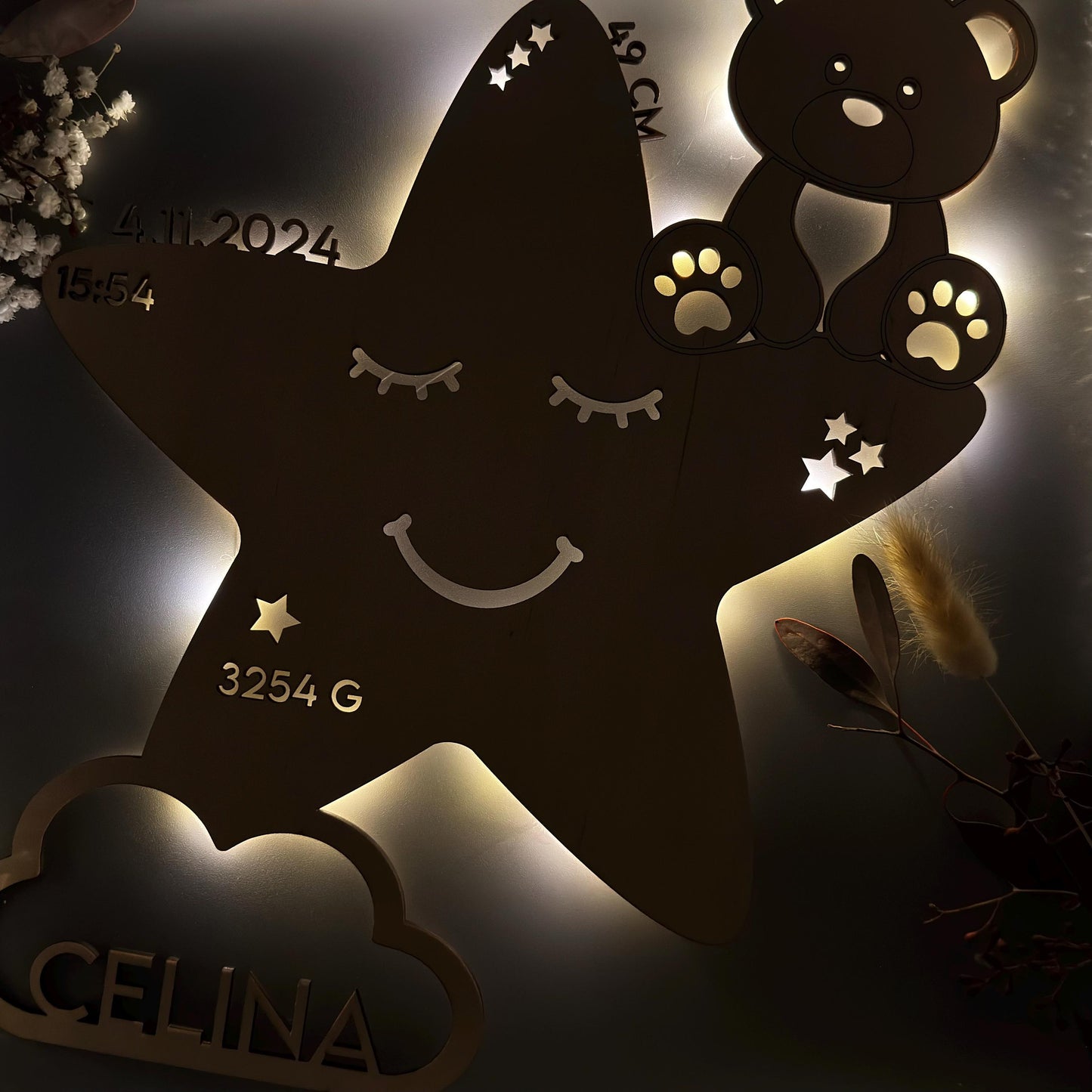 Schlummerlicht personalisiert Stern, Nachtlicht Holz mit Namen, Baby Nachtlampe, Geschenk Gburt & Taufe Junge und Mädchen, Neugeborenes