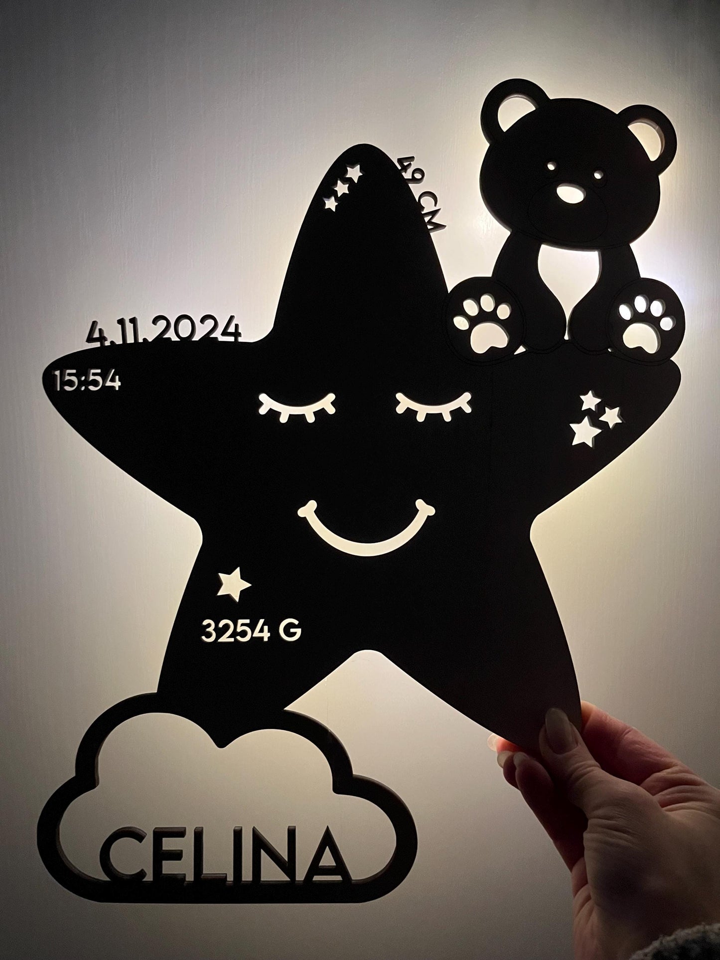 Schlummerlicht personalisiert Stern, Nachtlicht Holz mit Namen, Baby Nachtlampe, Geschenk Gburt & Taufe Junge und Mädchen, Neugeborenes