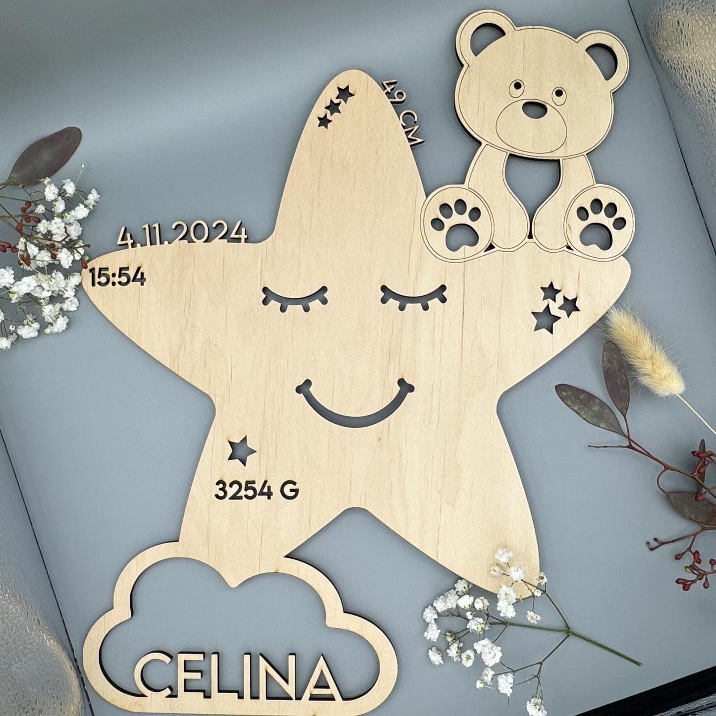 Schlummerlicht personalisiert Stern, Nachtlicht Holz mit Namen, Baby Nachtlampe, Geschenk Gburt & Taufe Junge und Mädchen, Neugeborenes