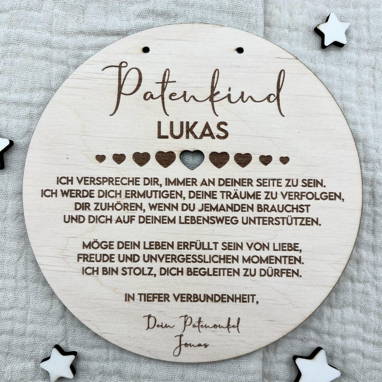 Taufgeschenk Patenkind Personalisiertes Holz Taufschild mit Name, Datum & Spruch von Patentante und Patenonkel