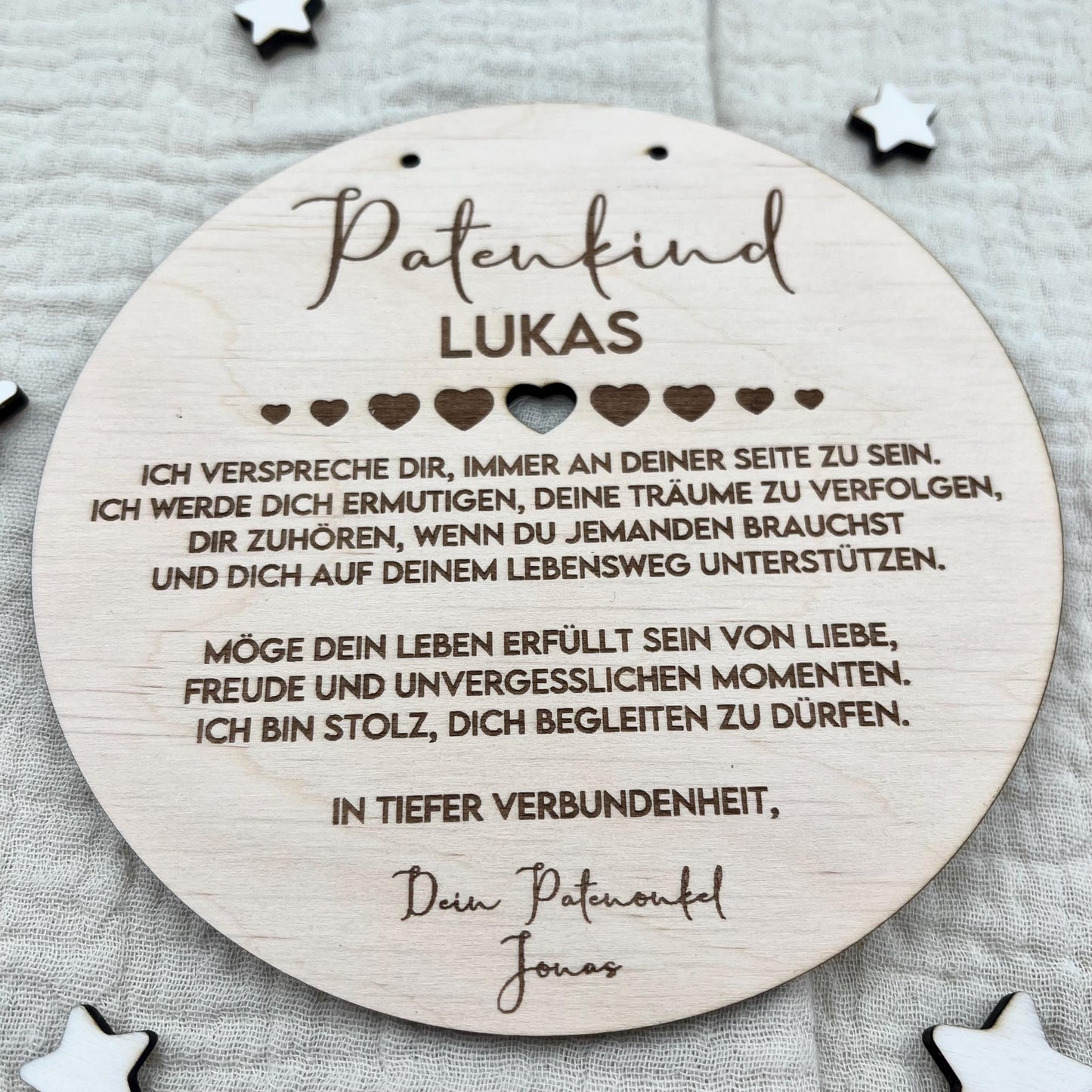 Taufgeschenk Patenkind Personalisiertes Holz Taufschild mit Name, Datum & Spruch von Patentante und Patenonkel