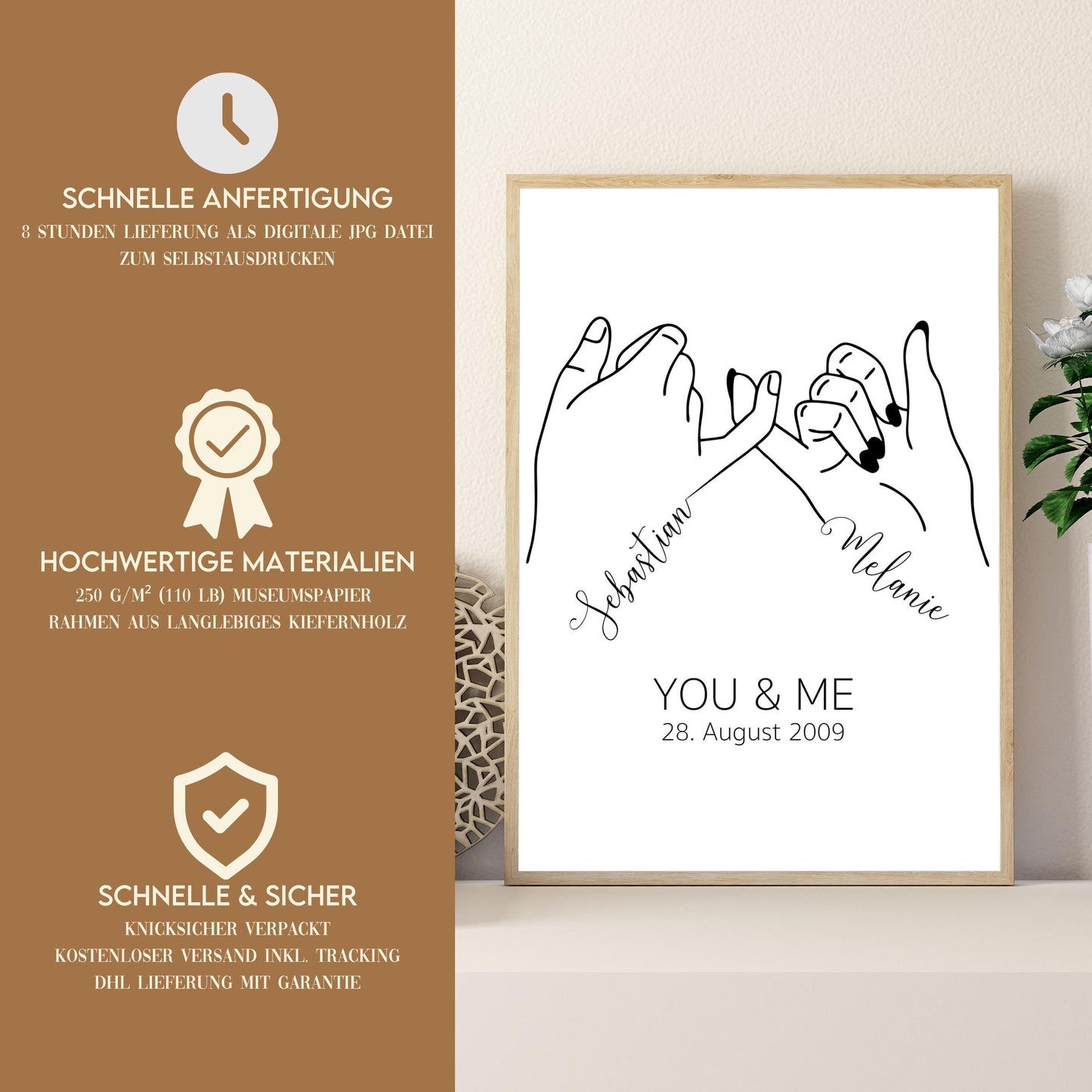 Personalisiertes Poster, Hochzeitsgeschenk Namen Datum, Hochzeitsbild Hand in Hand Brautpaar, Jahrestag Valentinstag Hochzeitstag Paare