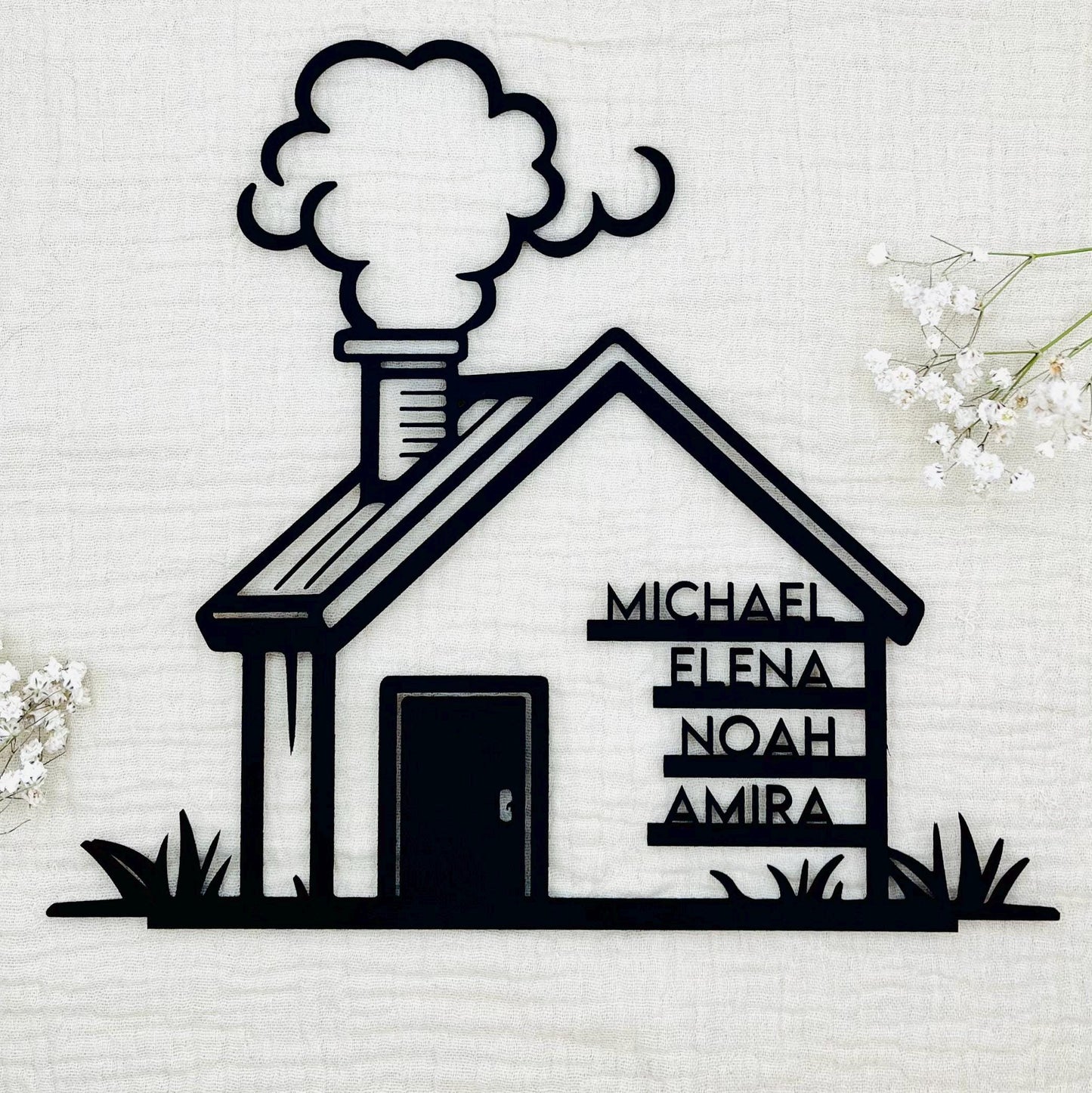 Familienschild personalisiert Hausform, stilvolles Richtfest Geschenk & Einzug Deko, individuelles Holzschild mit Vornamen