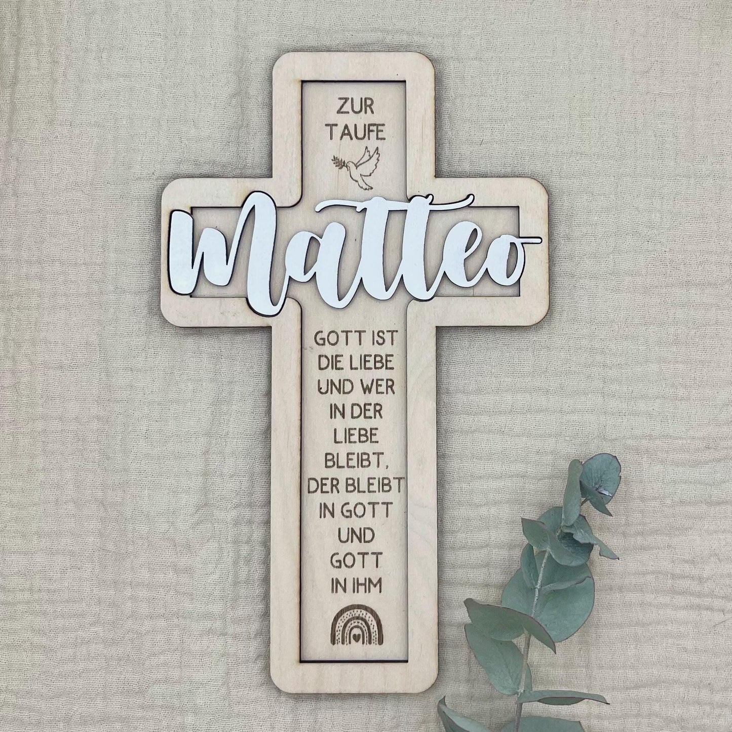 Taufkreuz aus Holz personalisiert – 3D-Rahmen mit Name, Datum & Taufspruch