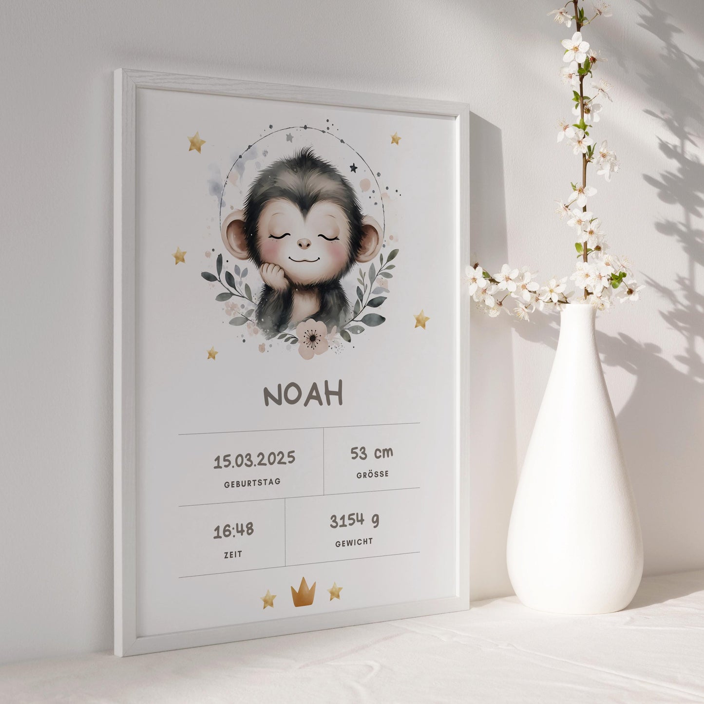 Personalisiertes Kinderzimmerposter mit Äffchen, Babybild mit Namen, Geburtsdaten Kinderzimmer Deko | Geschenk zur Geburt, Taufe & Babyparty