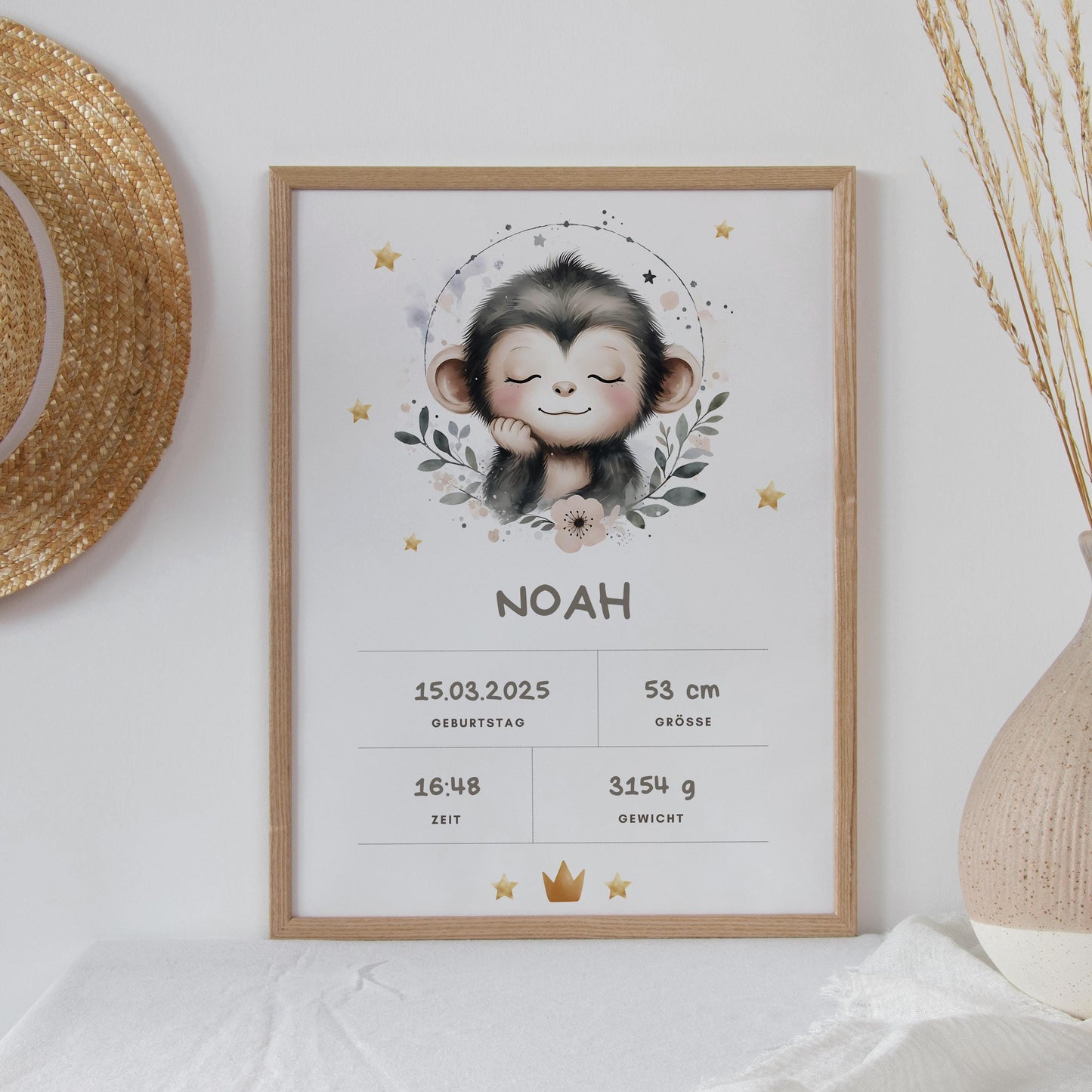 Personalisiertes Kinderzimmerposter mit Äffchen, Babybild mit Namen, Geburtsdaten Kinderzimmer Deko | Geschenk zur Geburt, Taufe & Babyparty