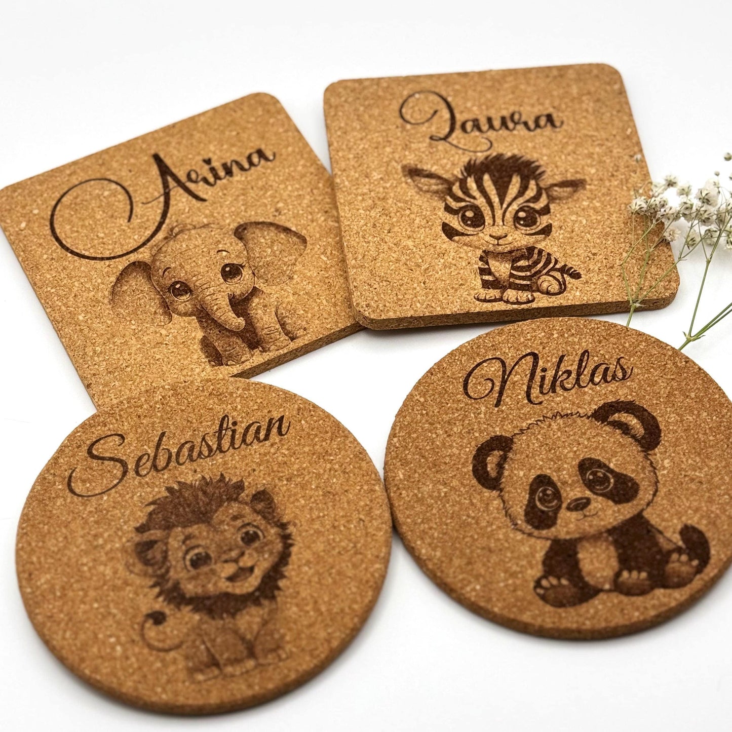 Geschenkideen Personalisierte Untersetzer aus Kork rund oder quadratisch Gravur mit Name & Tiermotiv Kindergeburtstag, Party, Familie