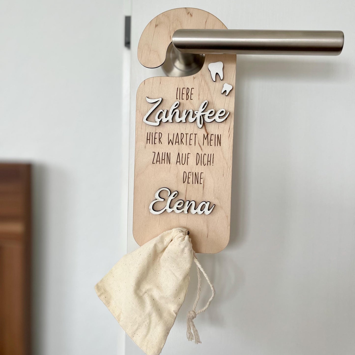 Zahnfee Türhänger personalisiert – Holz Andenken mit Beutel