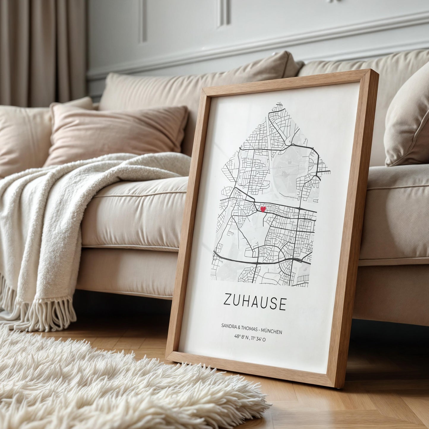 Koordinaten Poster personalisiert – Stadtplan mit Herzsymbol | Geschenk für Paare & Zuhause