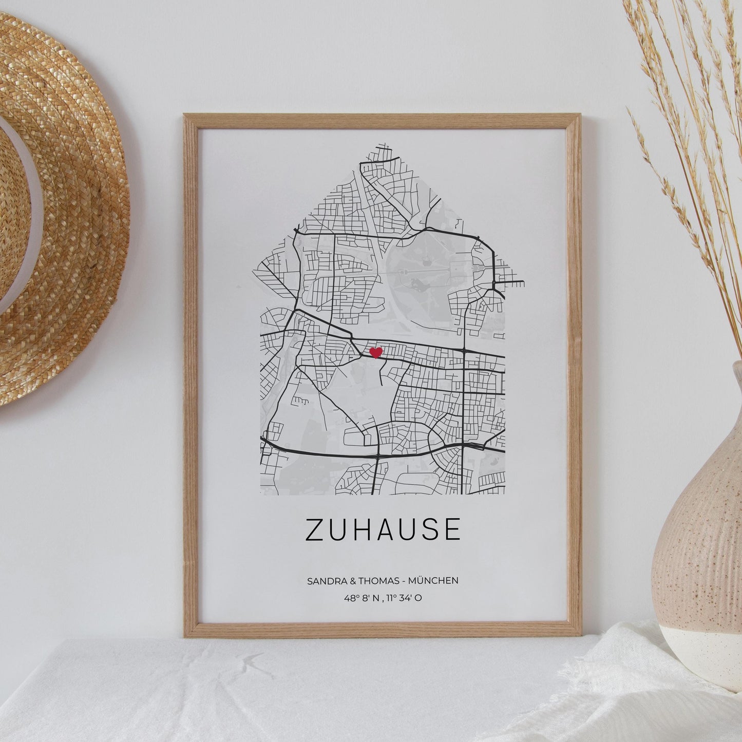 Koordinaten Poster personalisiert – Stadtplan mit Herzsymbol | Geschenk für Paare & Zuhause