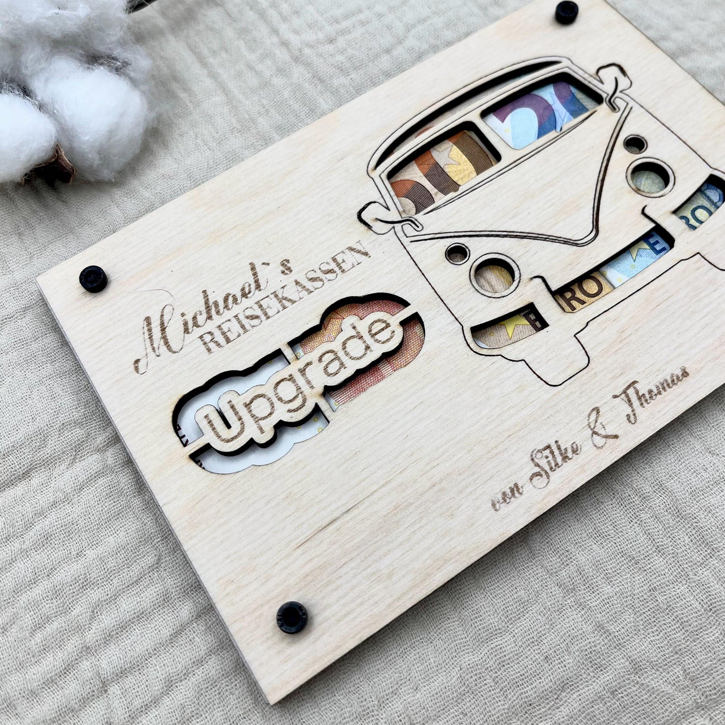 Geldgeschenk aus Holz personalisiert – VW Bulli Design für Hochzeit, Geburtstag & Jubiläum