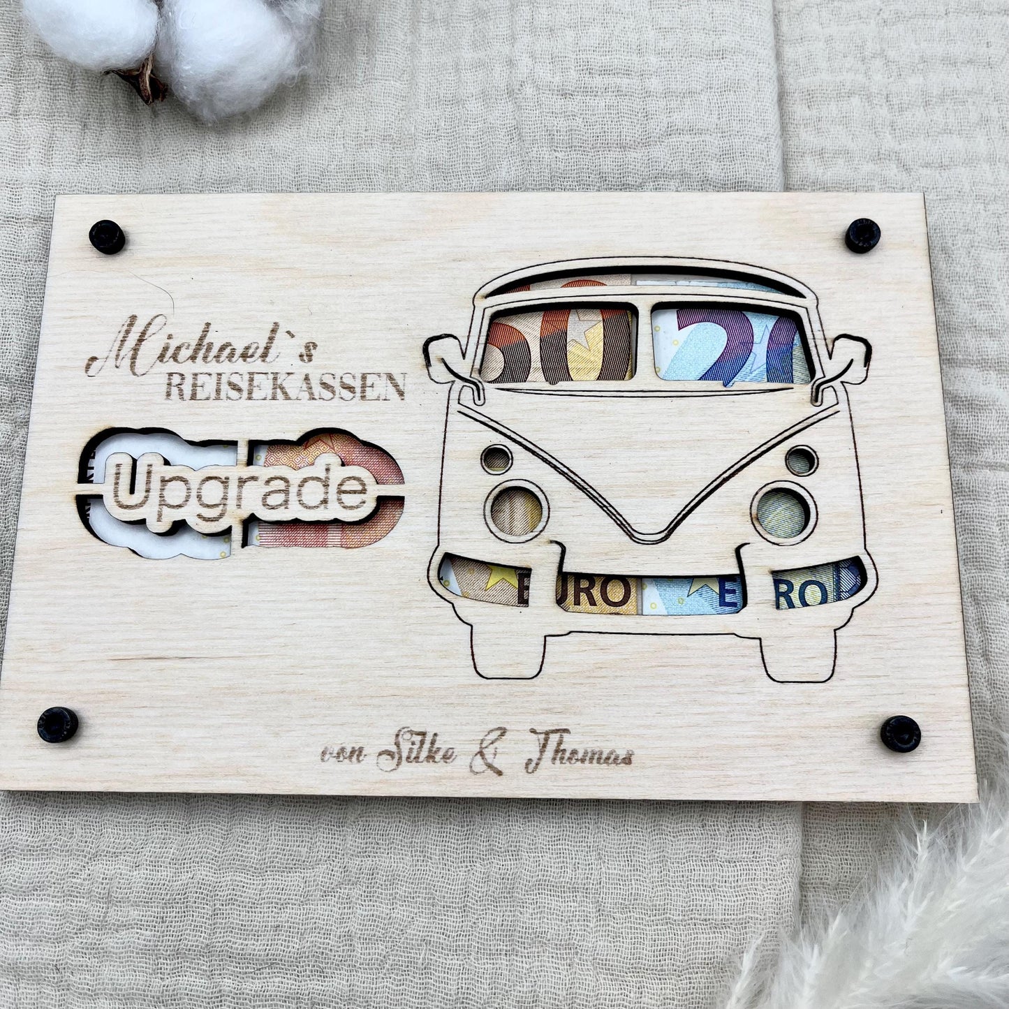 Geldgeschenk aus Holz personalisiert – VW Bulli Design für Hochzeit, Geburtstag & Jubiläum
