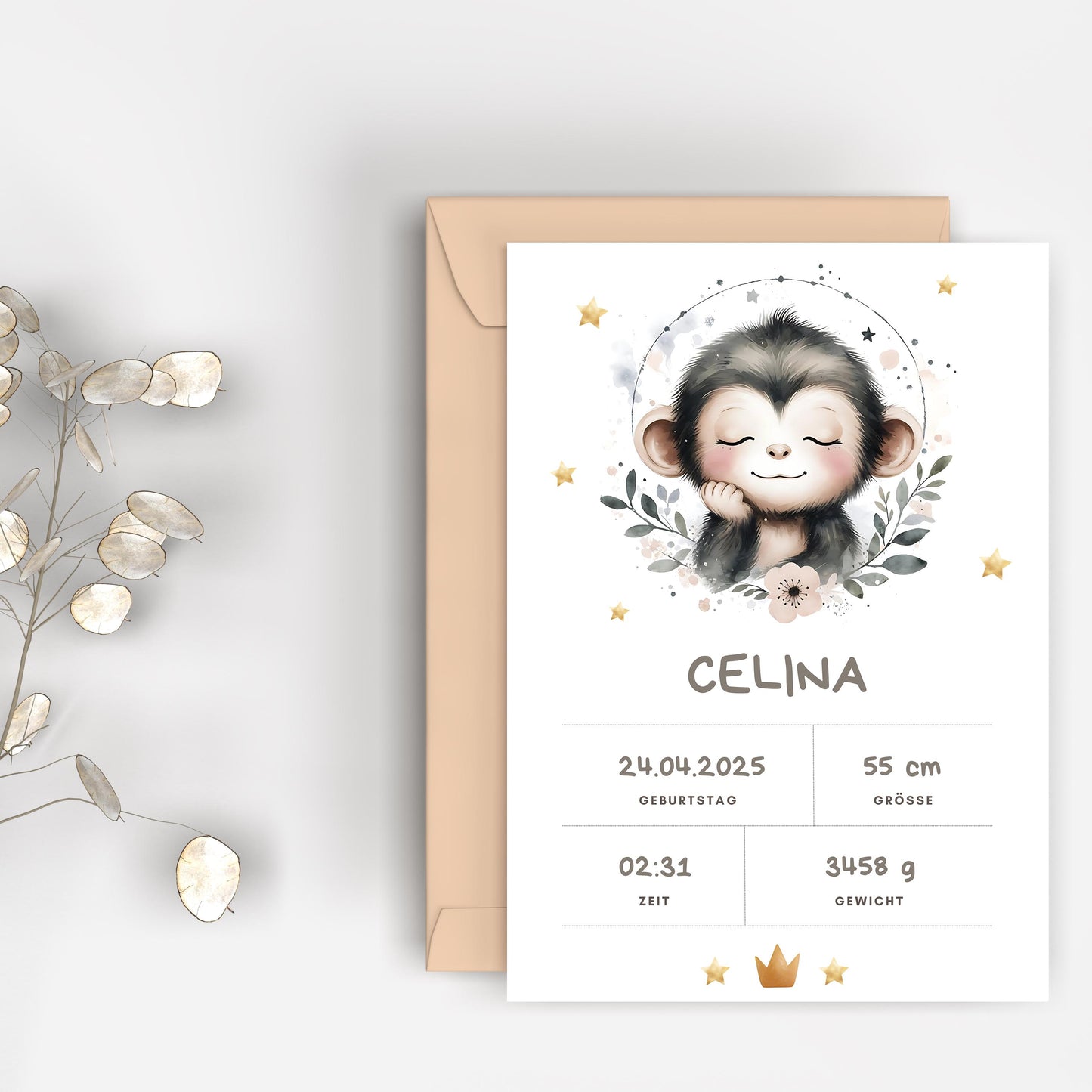 Personalisiertes Kinderzimmerposter mit Äffchen, Babybild mit Namen, Geburtsdaten Kinderzimmer Deko | Geschenk zur Geburt, Taufe & Babyparty