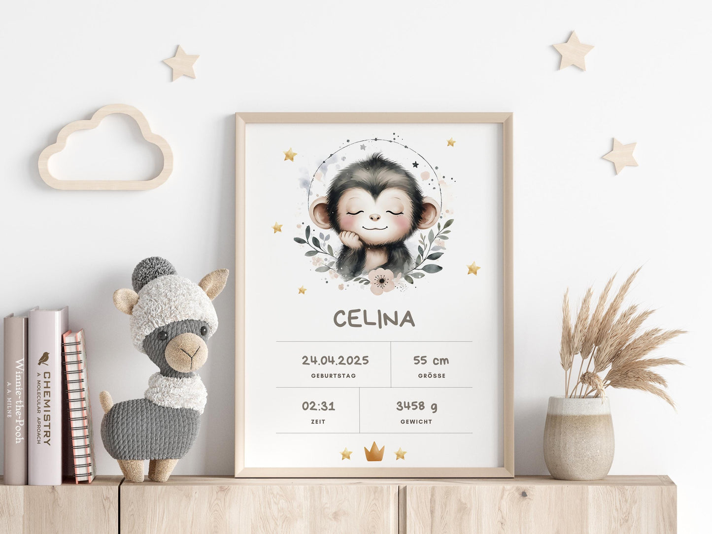 Personalisiertes Kinderzimmerposter mit Äffchen, Babybild mit Namen, Geburtsdaten Kinderzimmer Deko | Geschenk zur Geburt, Taufe & Babyparty
