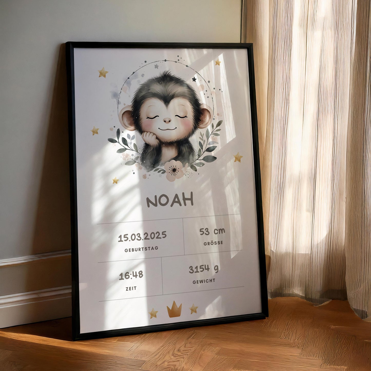 Personalisiertes Kinderzimmerposter mit Äffchen, Babybild mit Namen, Geburtsdaten Kinderzimmer Deko | Geschenk zur Geburt, Taufe & Babyparty