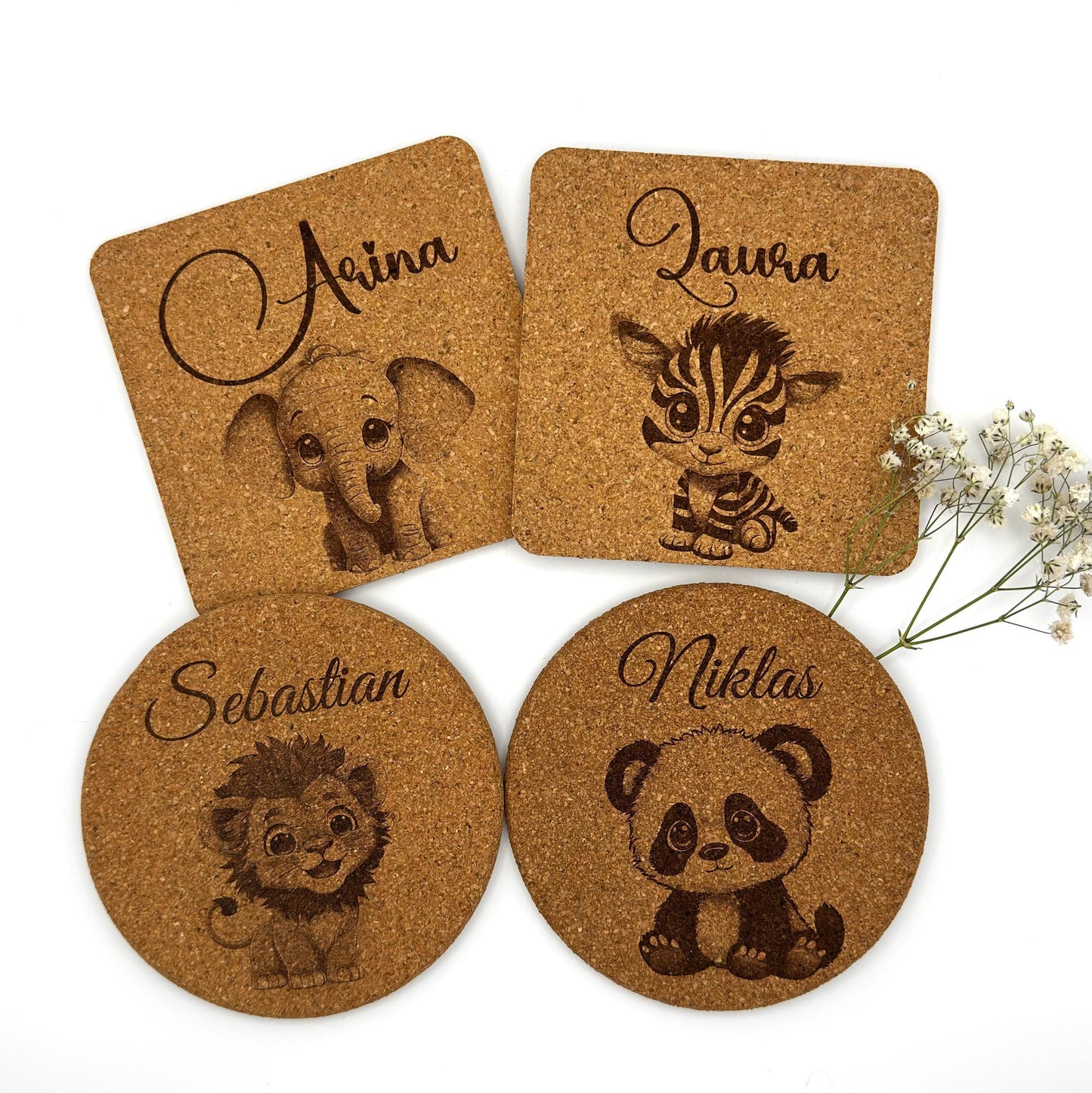 Geschenkideen Personalisierte Untersetzer aus Kork rund oder quadratisch Gravur mit Name & Tiermotiv Kindergeburtstag, Party, Familie
