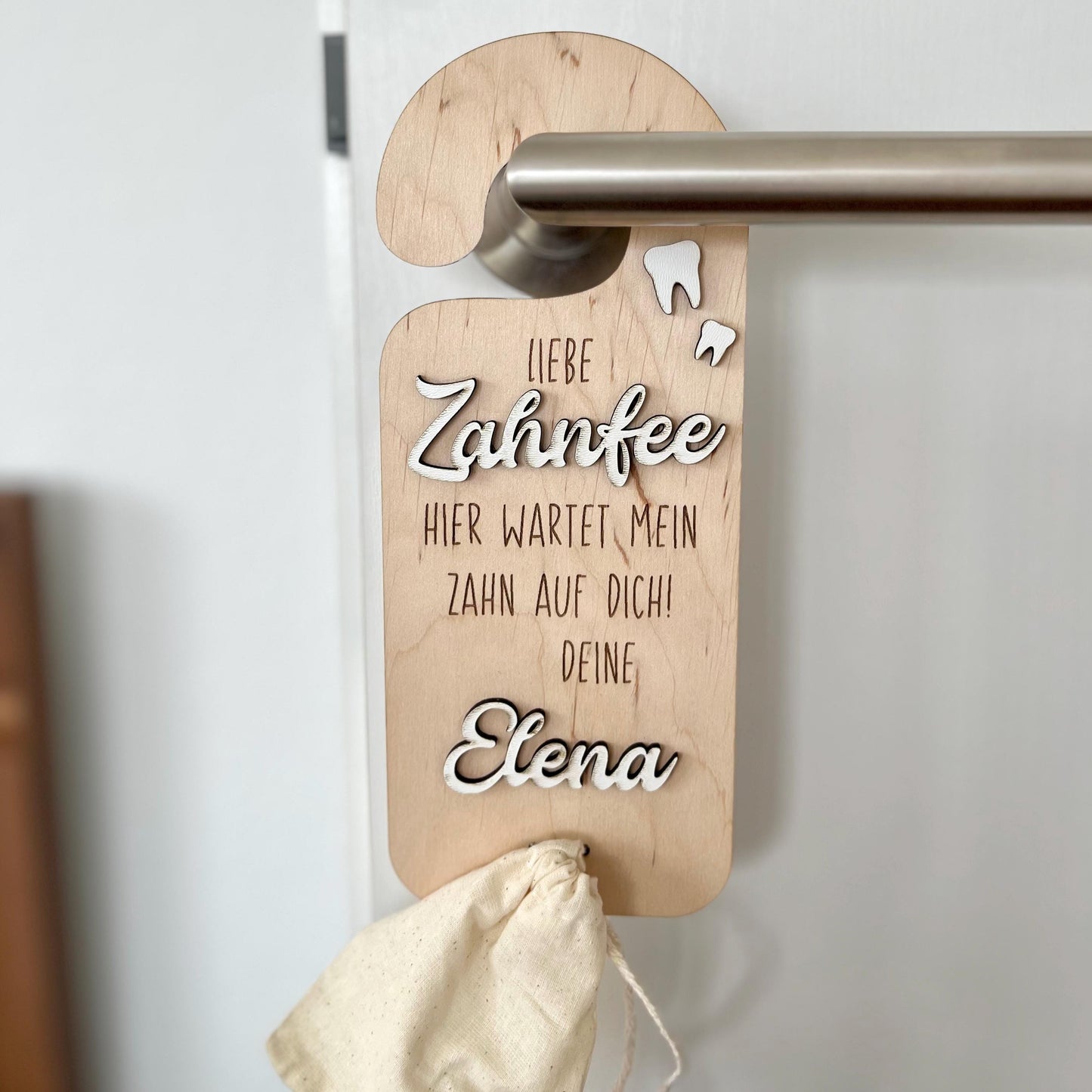 Zahnfee Türhänger personalisiert – Holz Andenken mit Beutel
