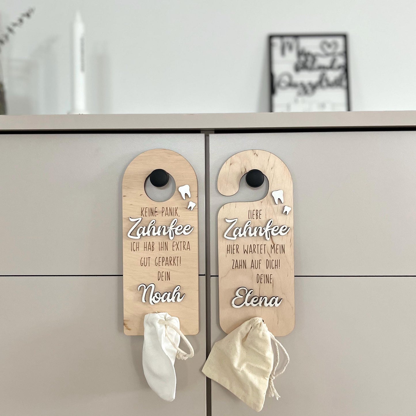 Zahnfee Türhänger Holz personalisiert Geschenk Wackelzahn & Milchzahn Aufbewahrung, Kinderzimmer Deko mit 3D Name und Beutel