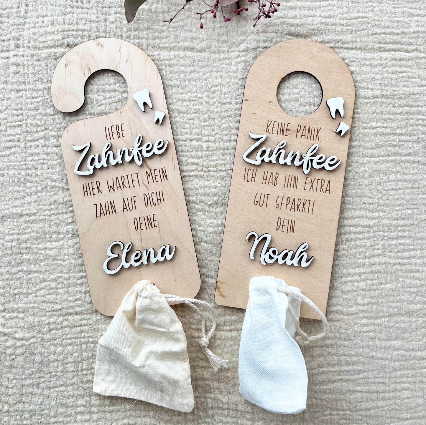 Zahnfee Türhänger Holz personalisiert Geschenk Wackelzahn & Milchzahn Aufbewahrung, Kinderzimmer Deko mit 3D Name und Beutel