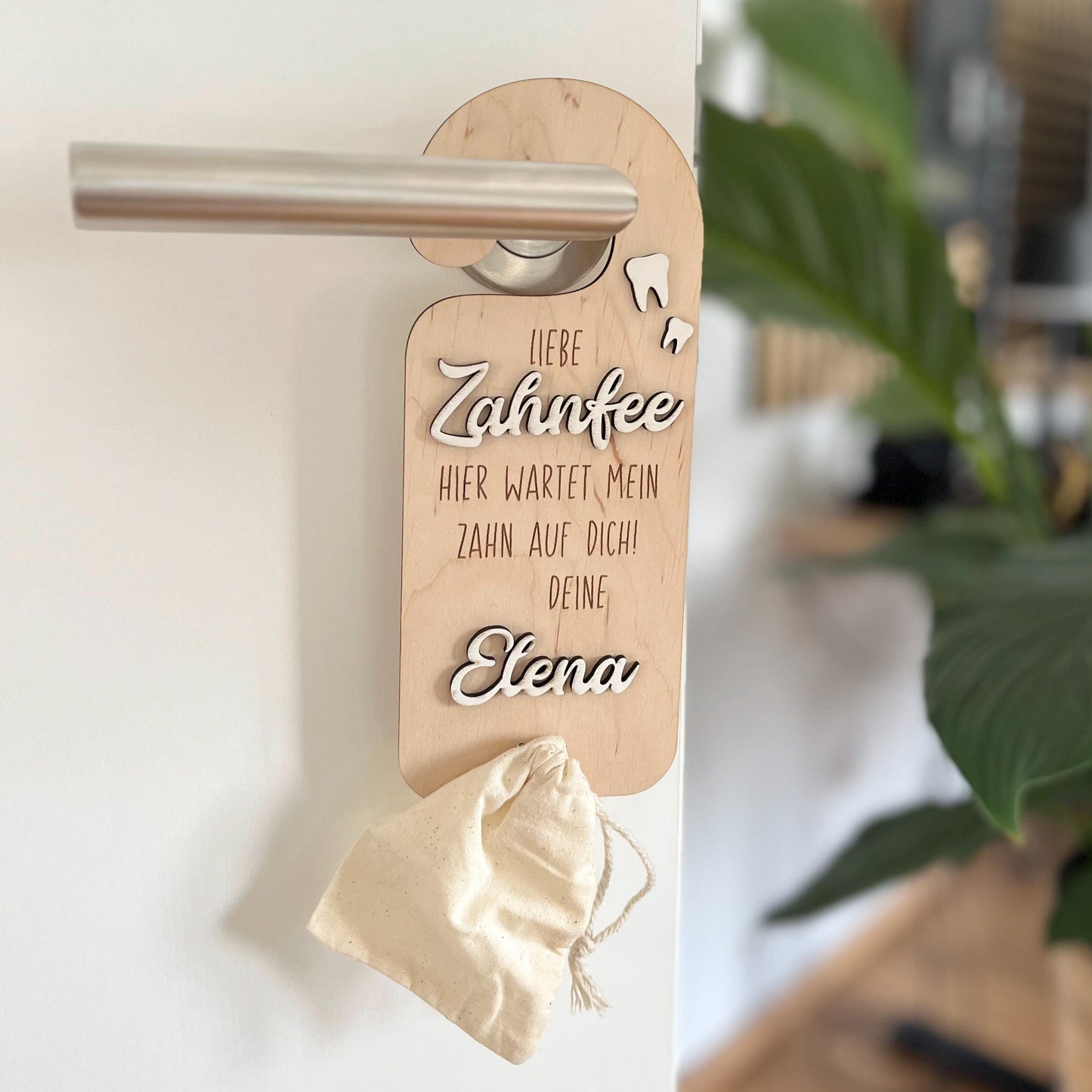 Zahnfee Türhänger personalisiert – Holz Andenken mit Beutel