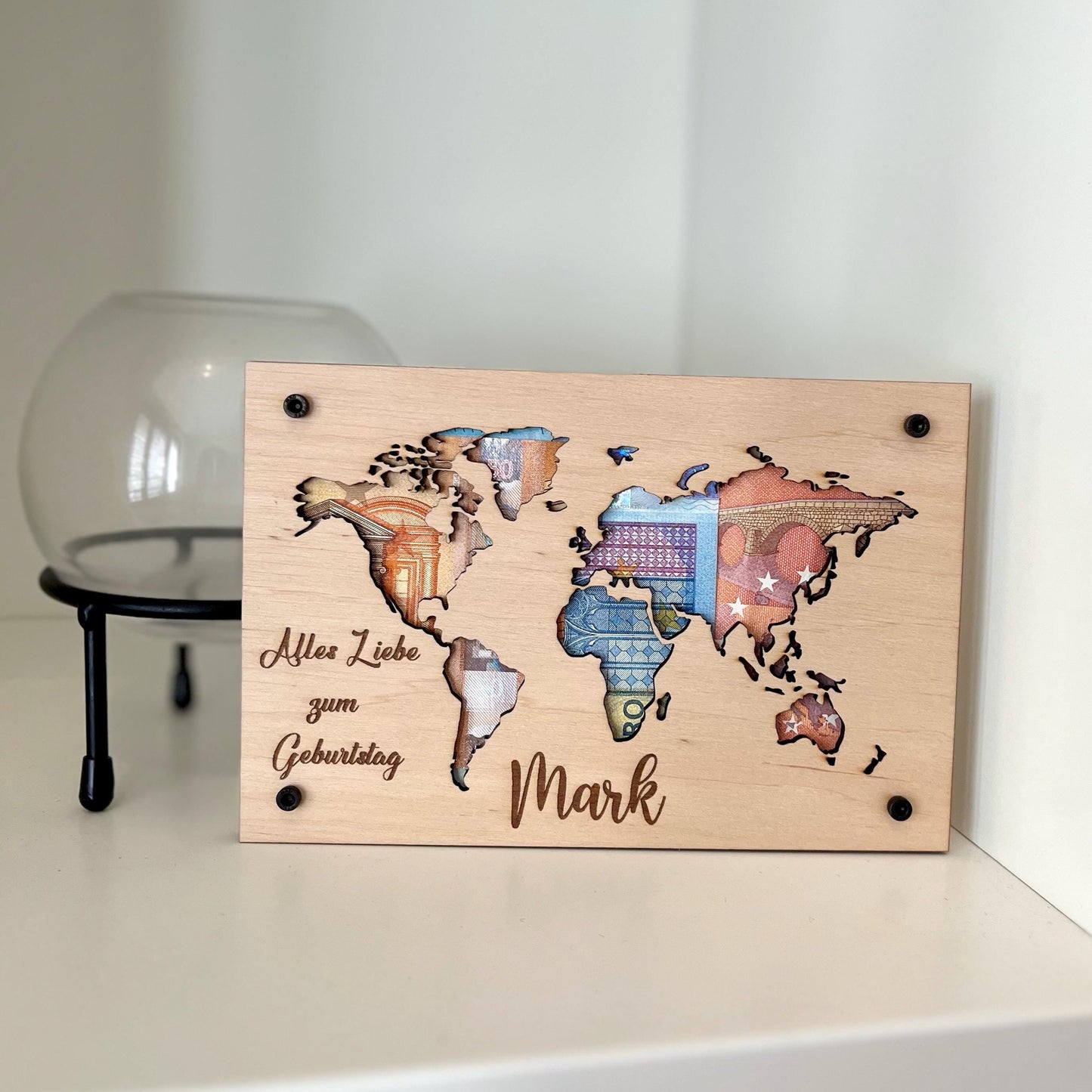 Personalisierbares Geldgeschenk Holz Weltkarte Hingucker für Geburtstage, Hochzeit, Jubiläen, Kommunion, Konfirmation, Firmung, Taufe