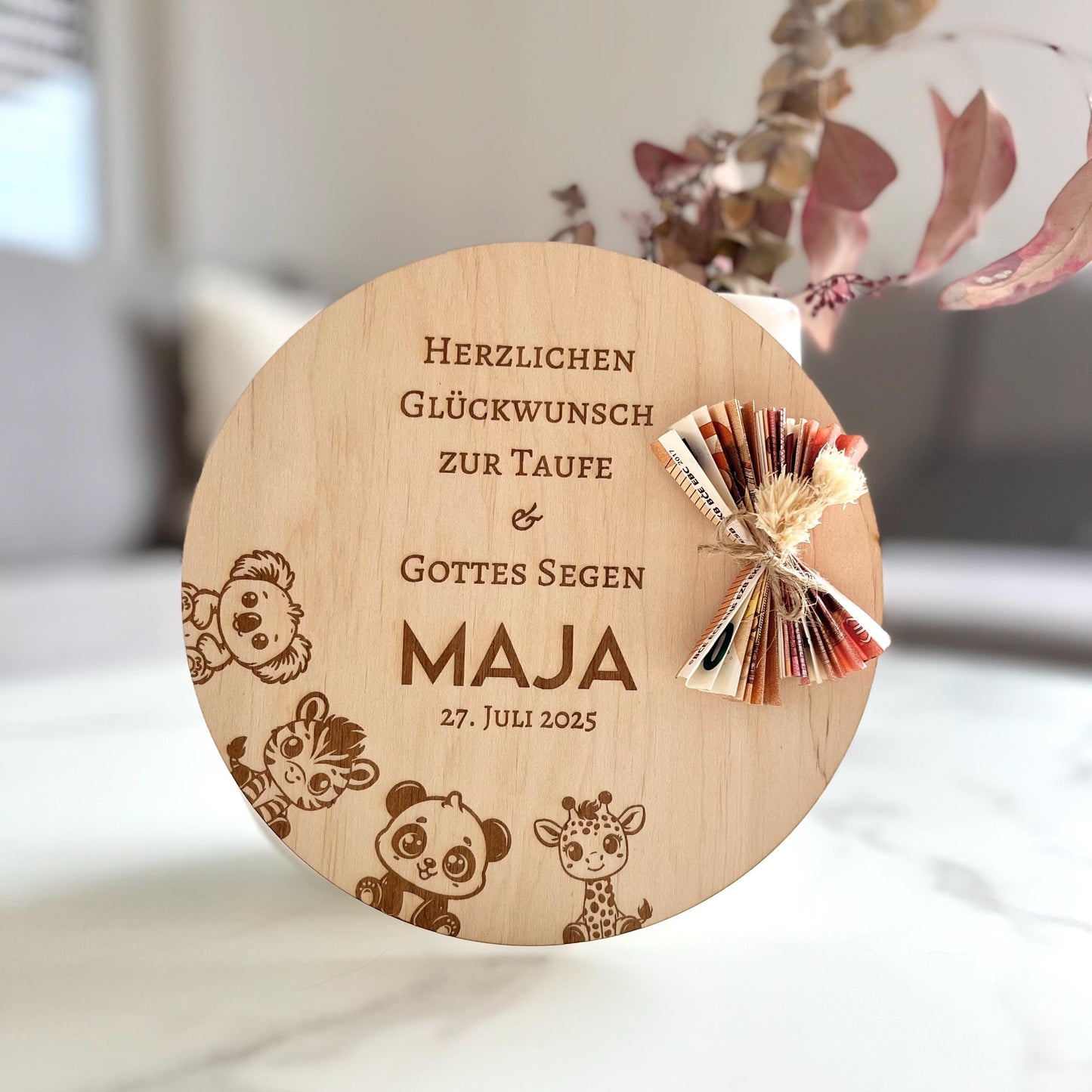 Geldgeschenk zur Taufe aus Holz personalisiert – mit Name, Datum & Spruch
