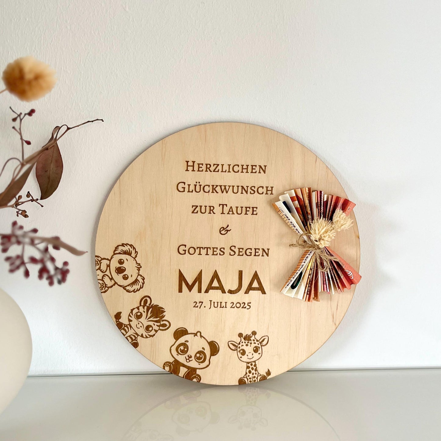 Geldgeschenk zur Taufe aus Holz personalisiert – mit Name, Datum & Spruch