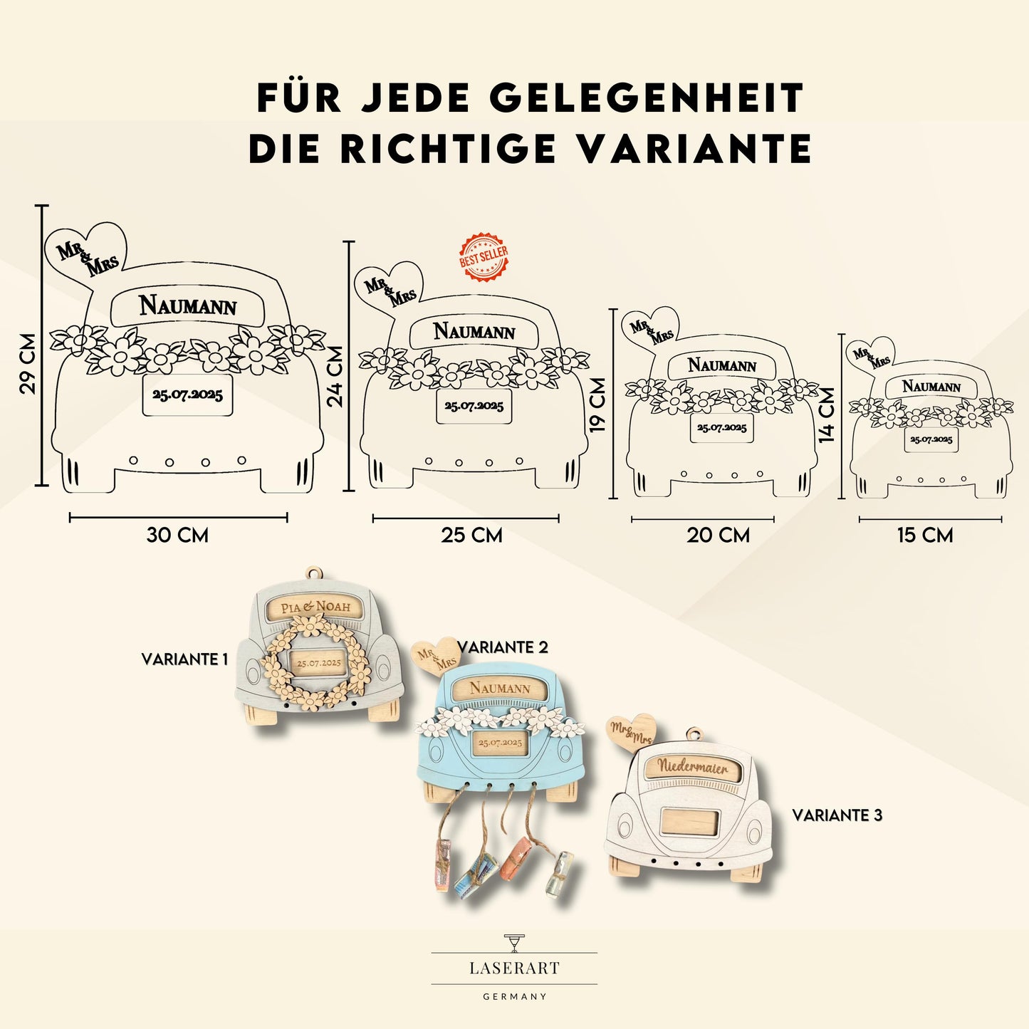 Hochzeitsauto Geldgeschenk aus Holz – personalisiertes Hochzeitsgeschenk mit Namen & Datum